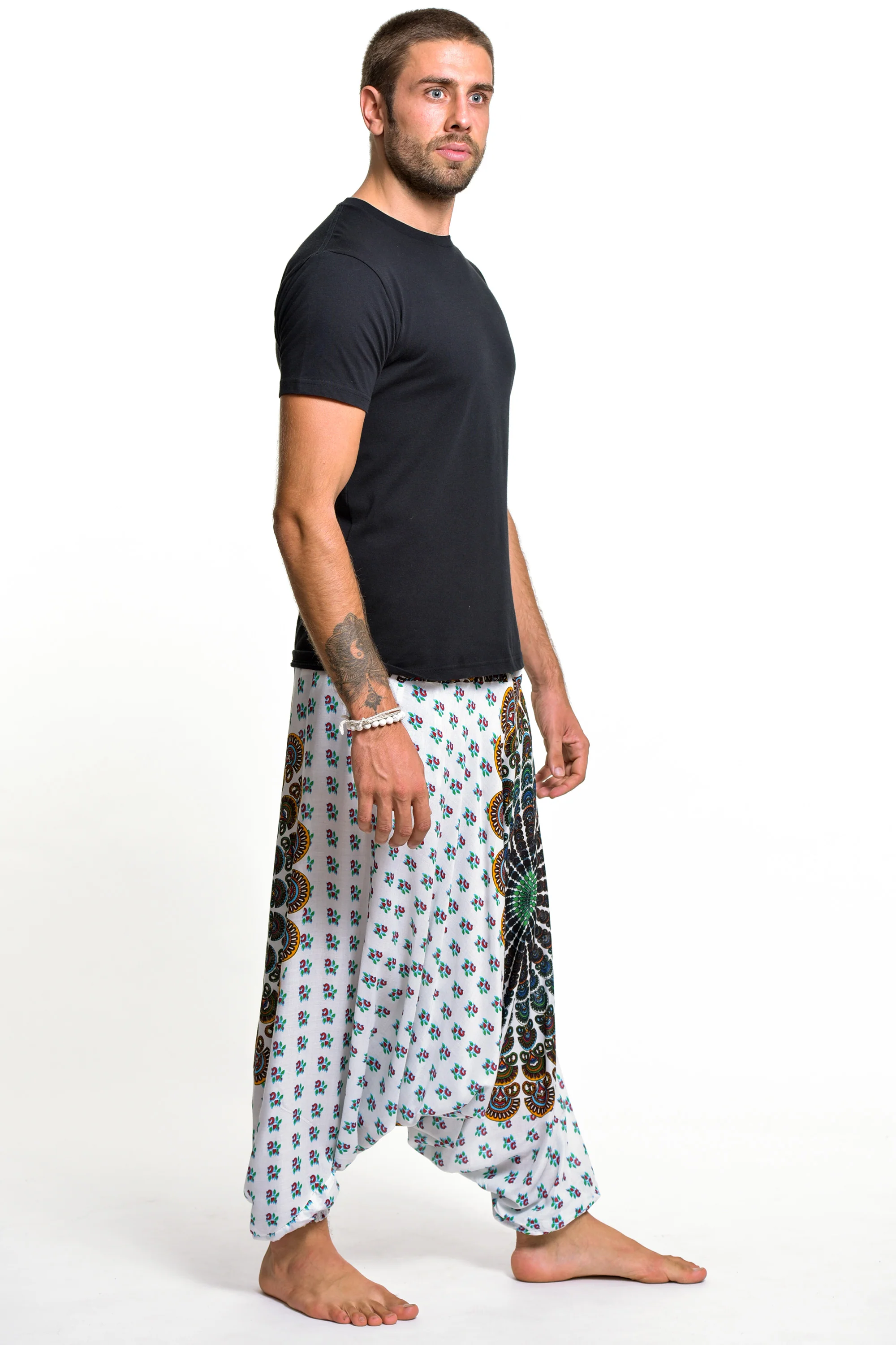 Peacock Mandalas Drop Crotch Men's Harem Pants in White - Image 3