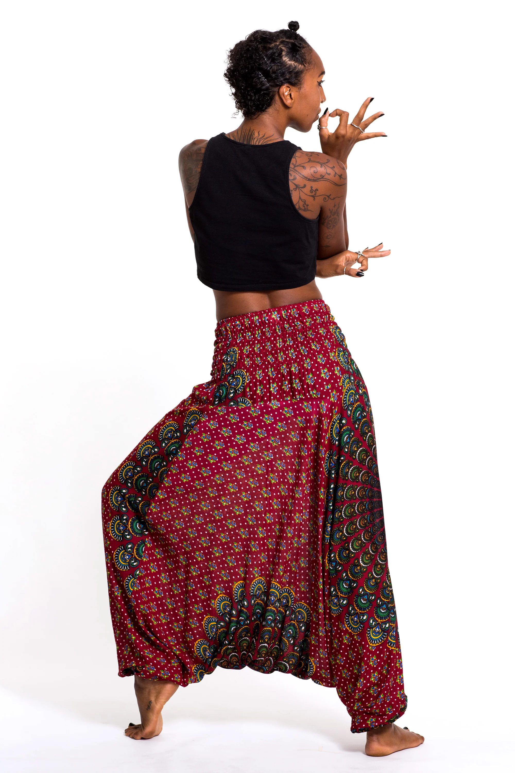 Peacock Mandalas 2-in-1 Jumpsuit Harem Pants in Red - Image 4
