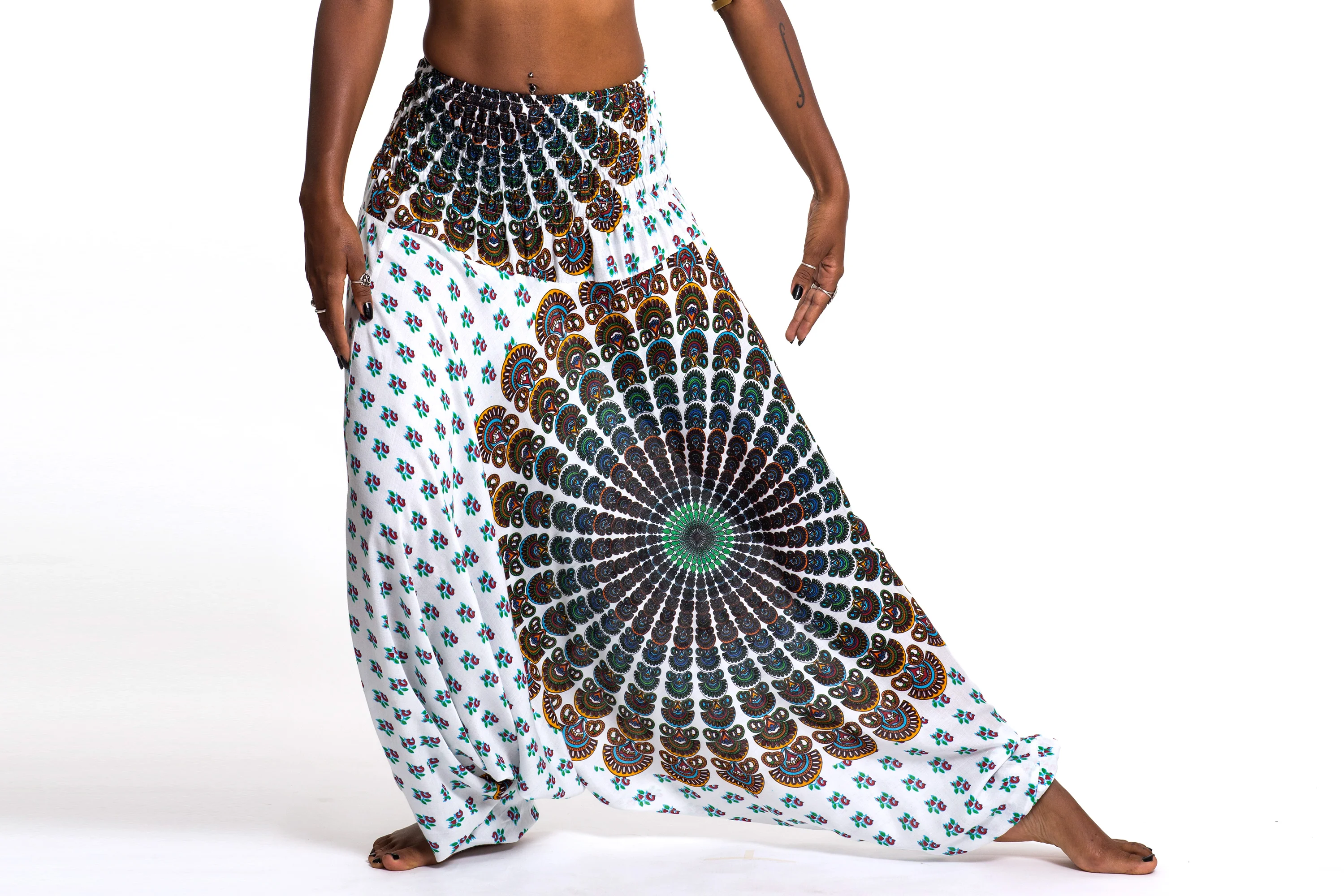 Peacock Mandalas 2-in-1 Jumpsuit Harem Pants in White - Image 2