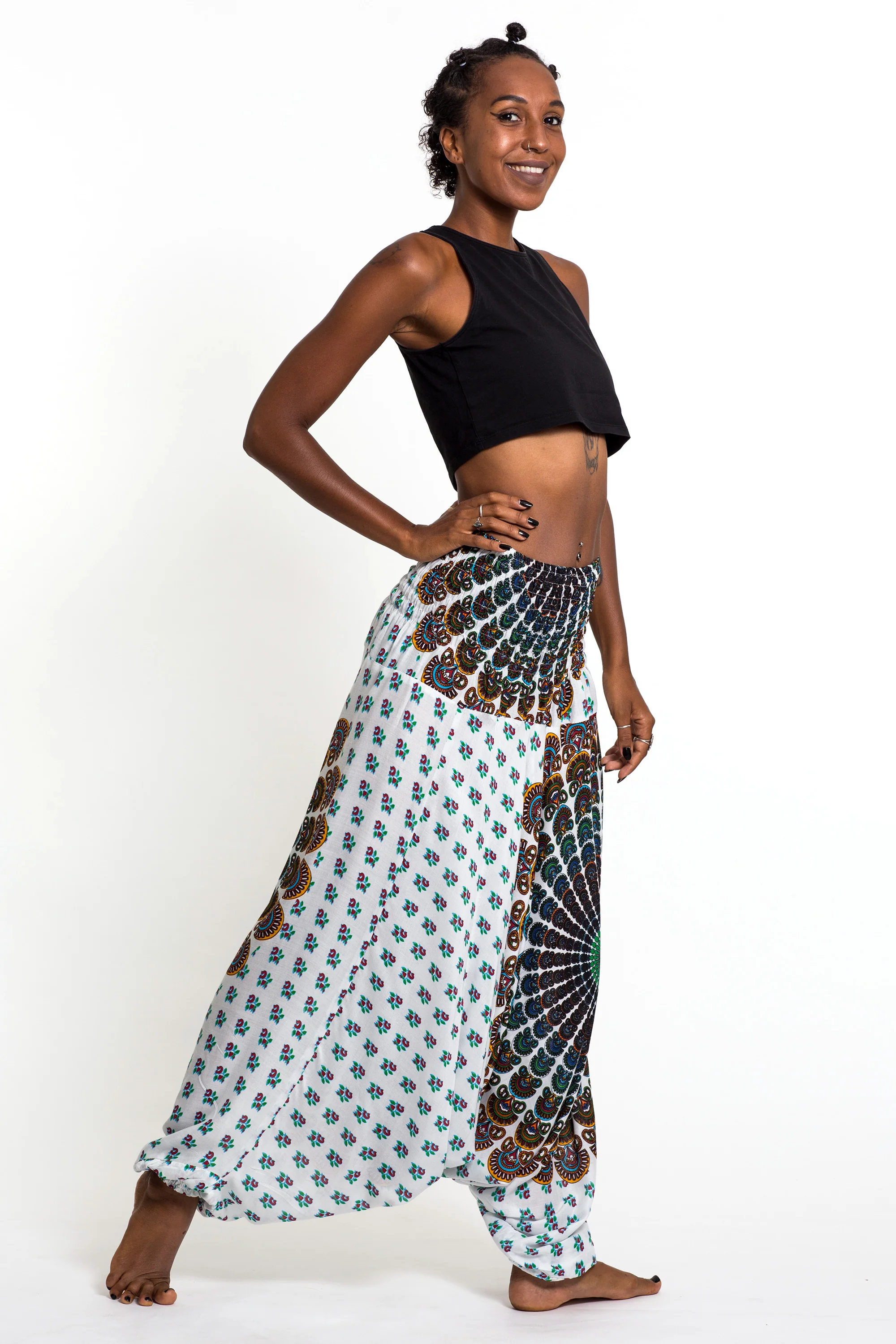Peacock Mandalas 2-in-1 Jumpsuit Harem Pants in White - Image 3
