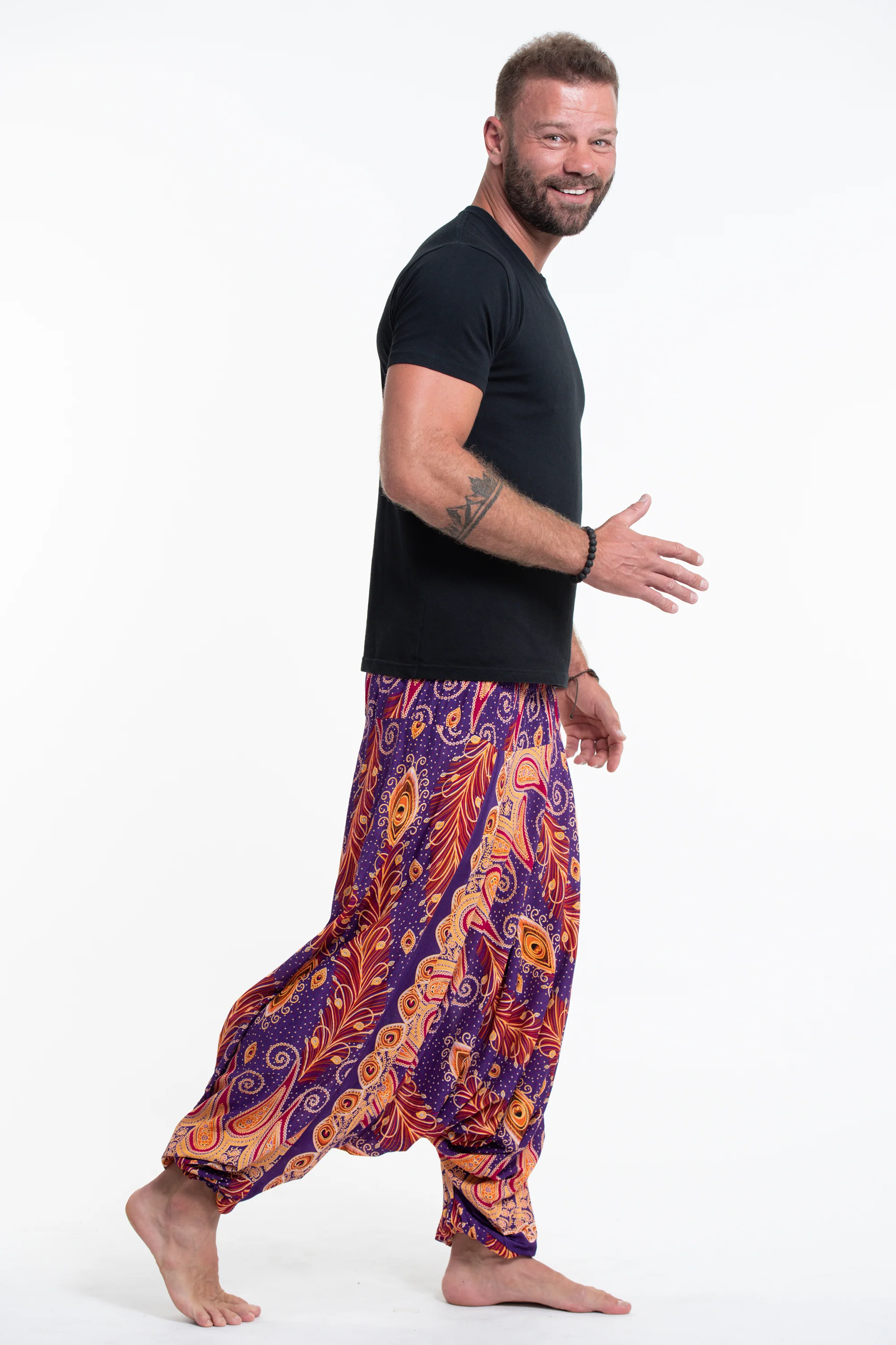 Peacock Paisley Drop Crotch Men's Harem Pants in Purple - Image 3