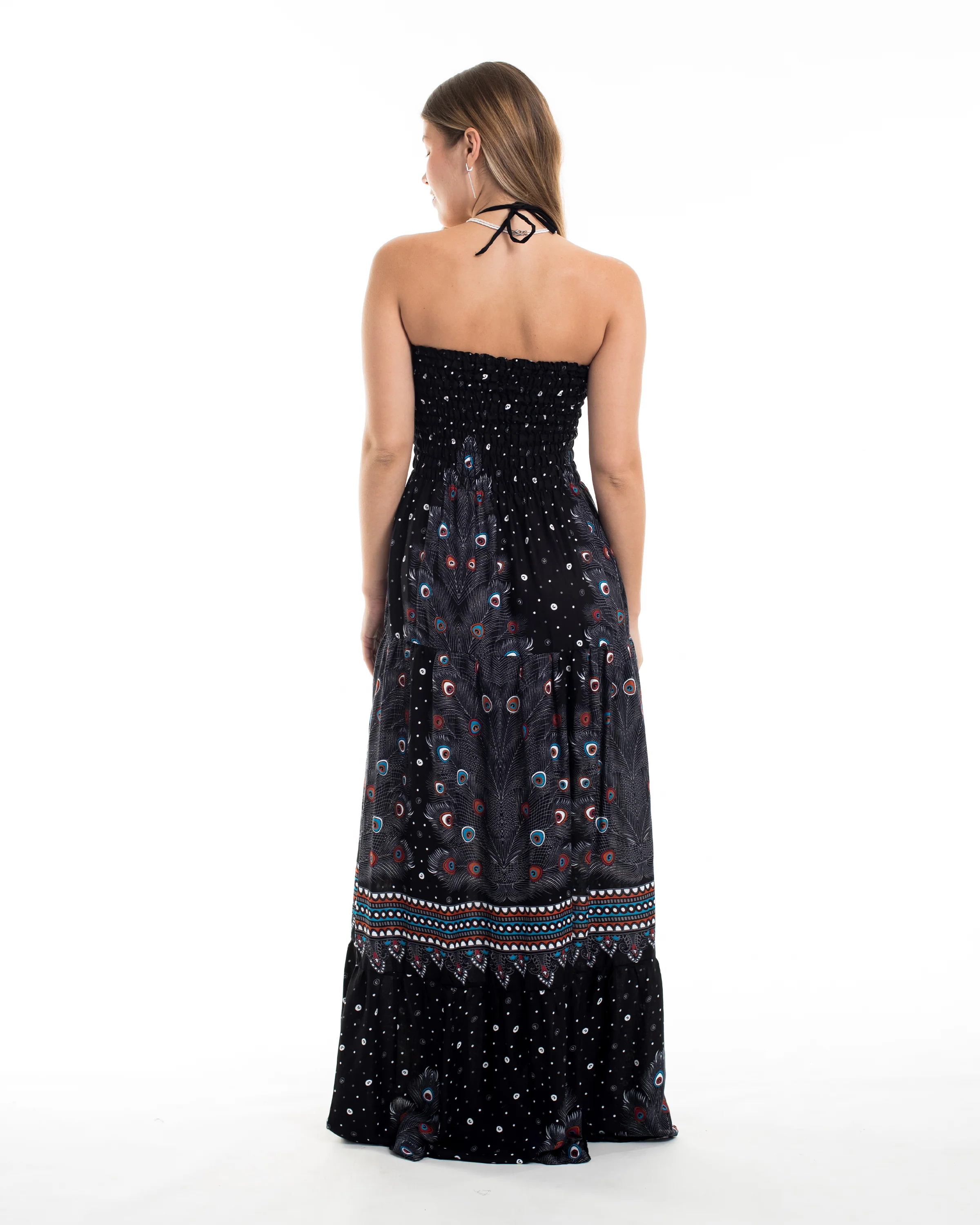 Peacock Smocked Maxi Dress in Black - Image 3