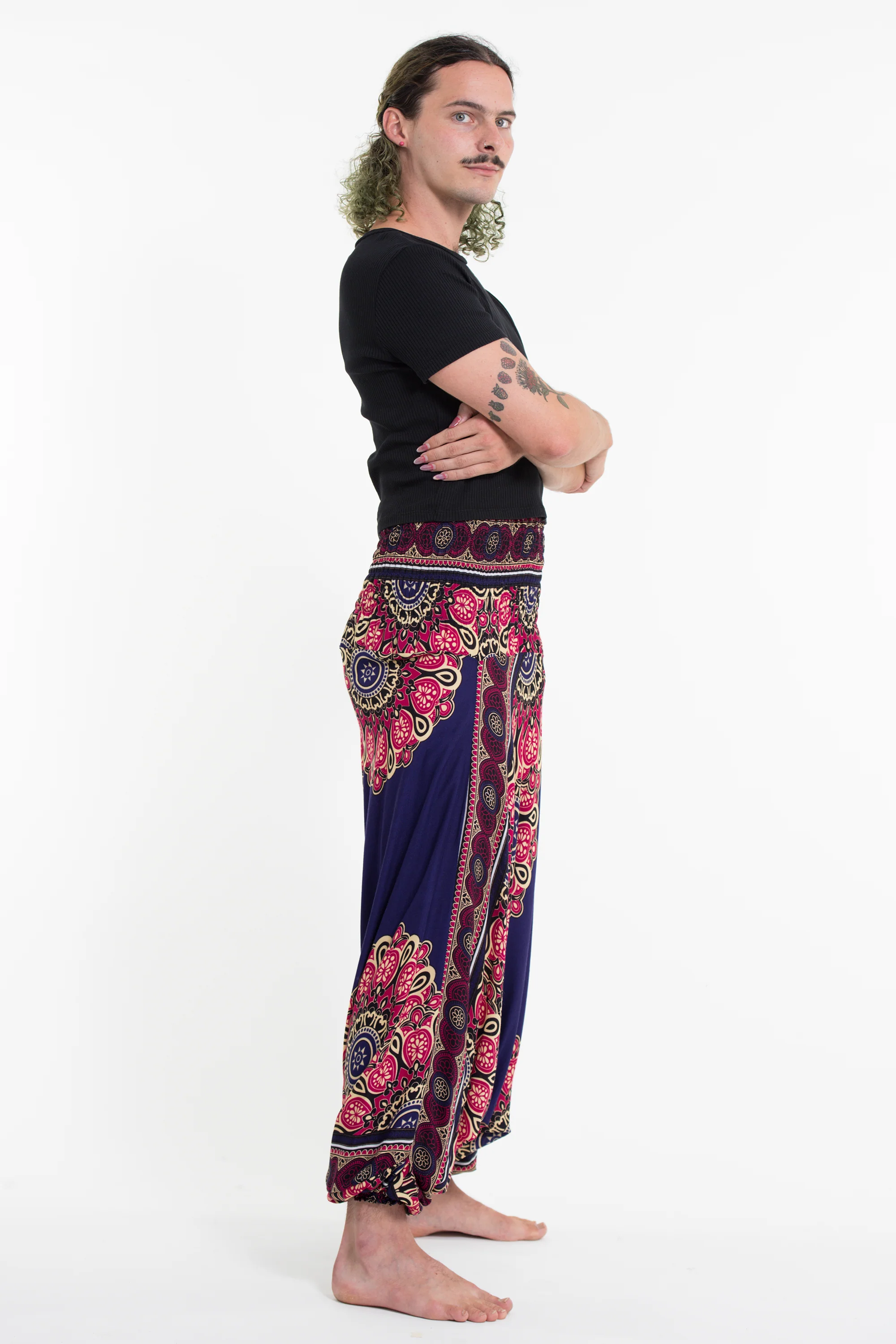 Peony Mandalas Drop Crotch Men's Harem Pants in Indigo - Image 3