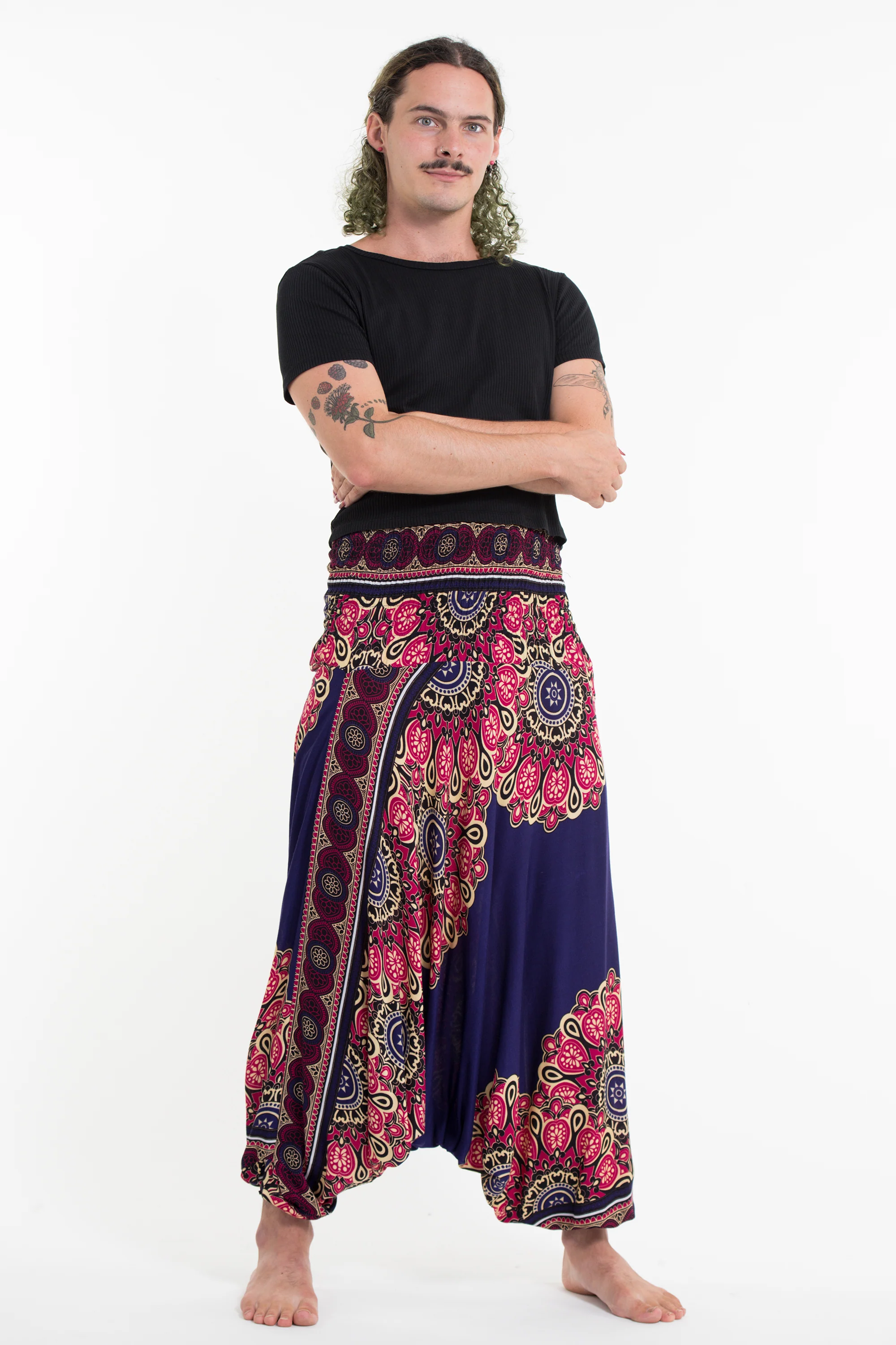 Peony Mandalas Drop Crotch Men's Harem Pants in Indigo - Image 4