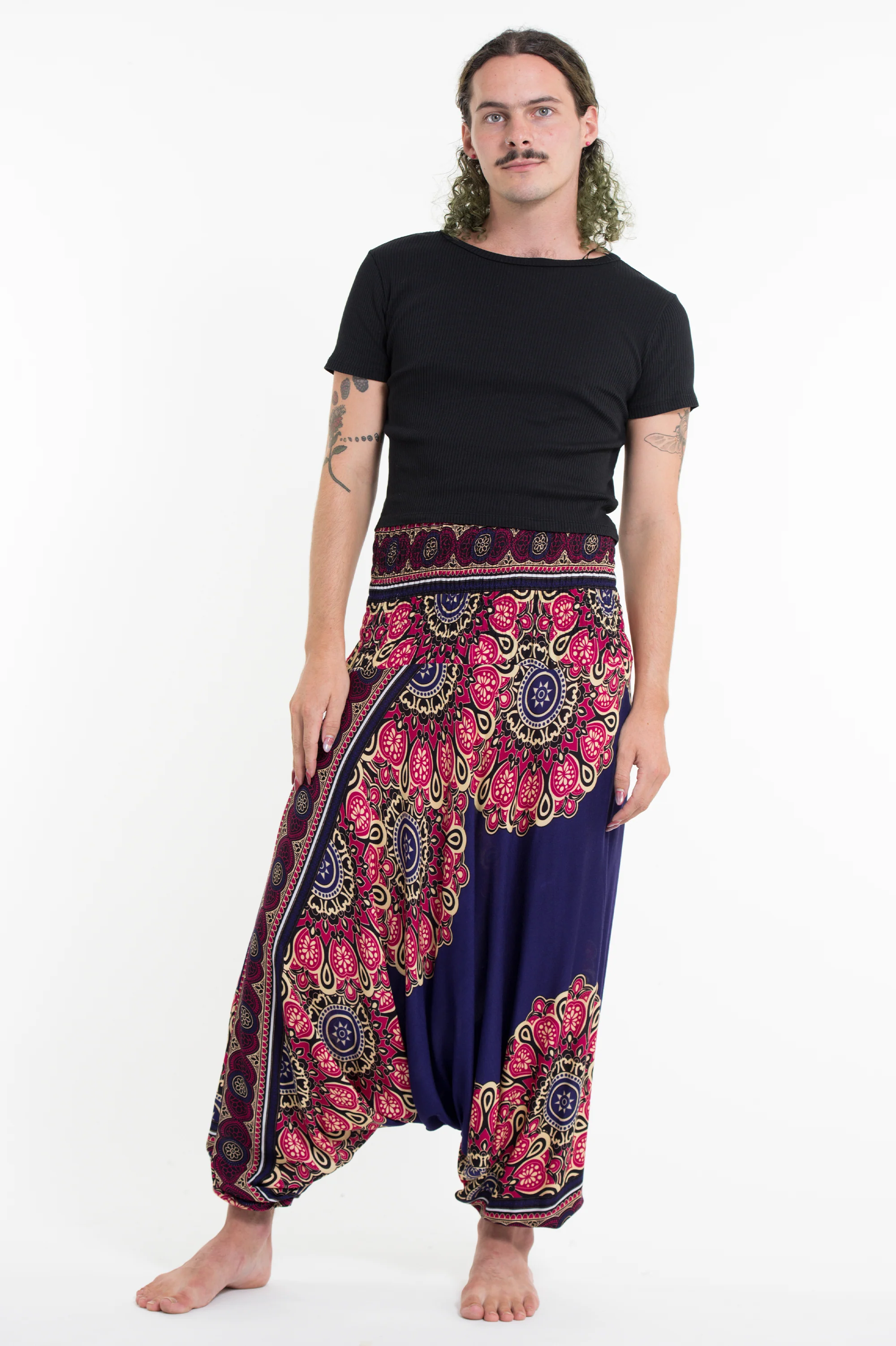 Peony Mandalas Drop Crotch Men's Harem Pants in Indigo - Image 5