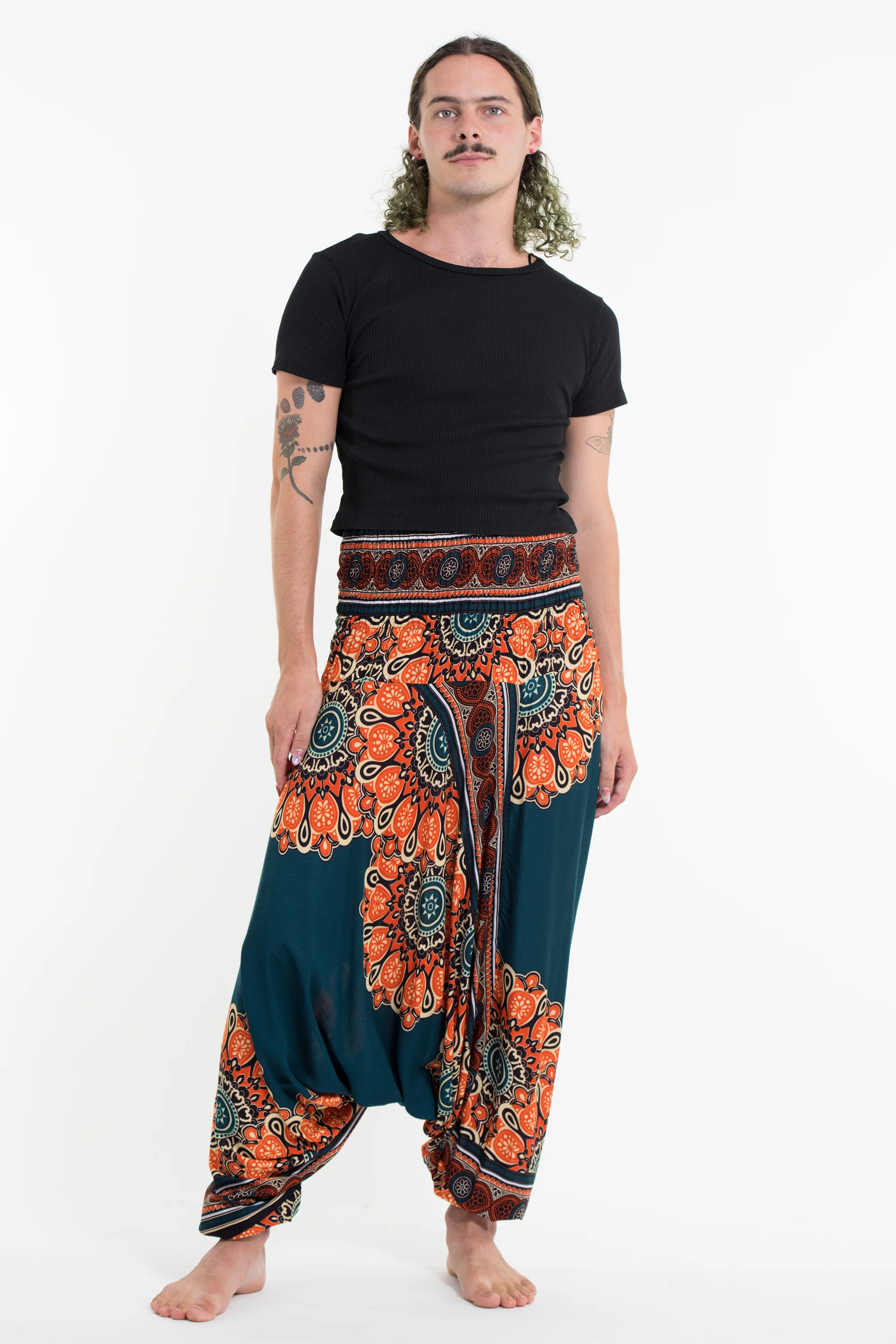 Peony Mandalas Drop Crotch Men's Harem Pants in Teal - Image 5