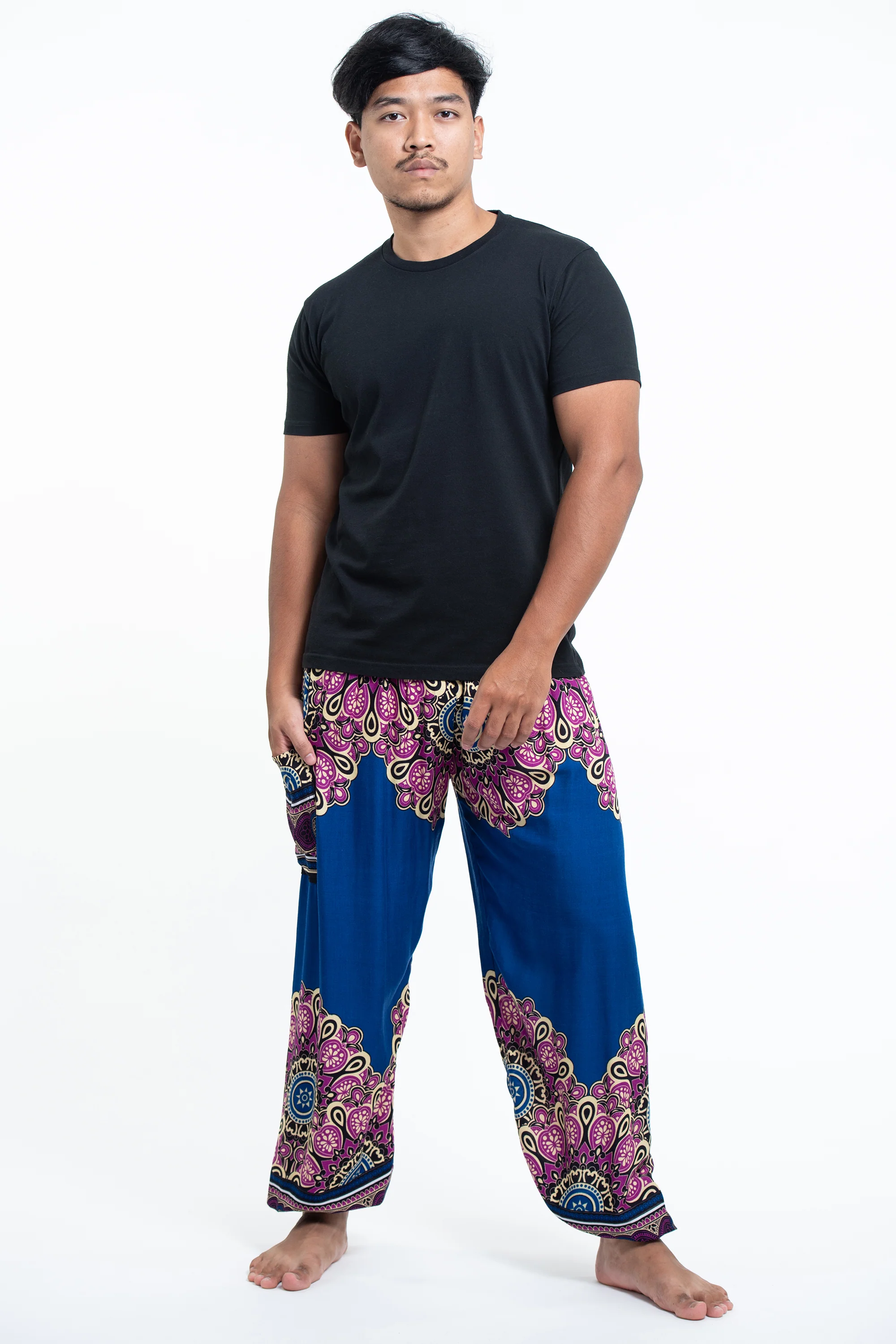 Peony Mandalas Men's Harem Pants in Blue