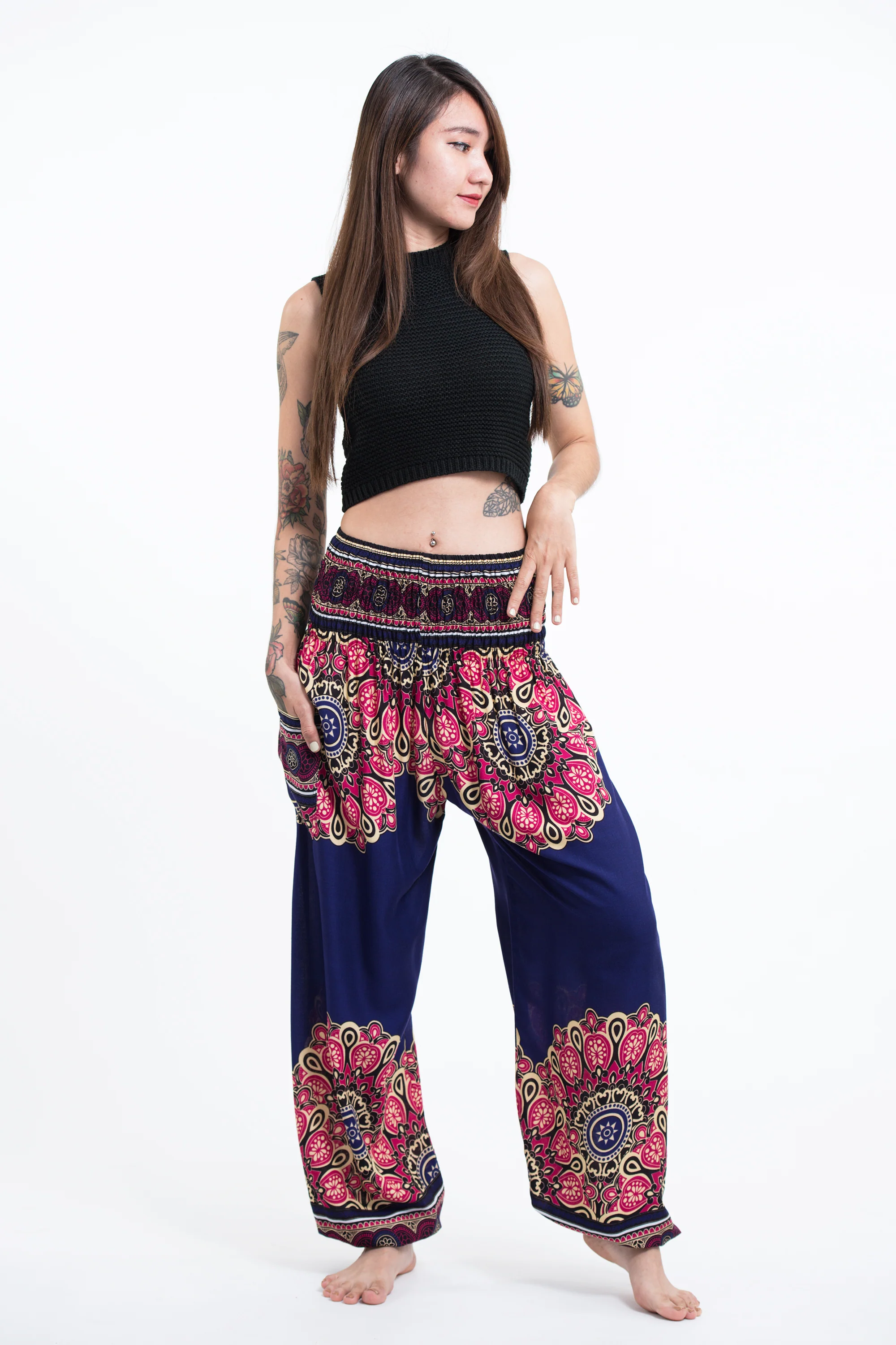 Peony Mandalas Women's Harem Pants in Indigo