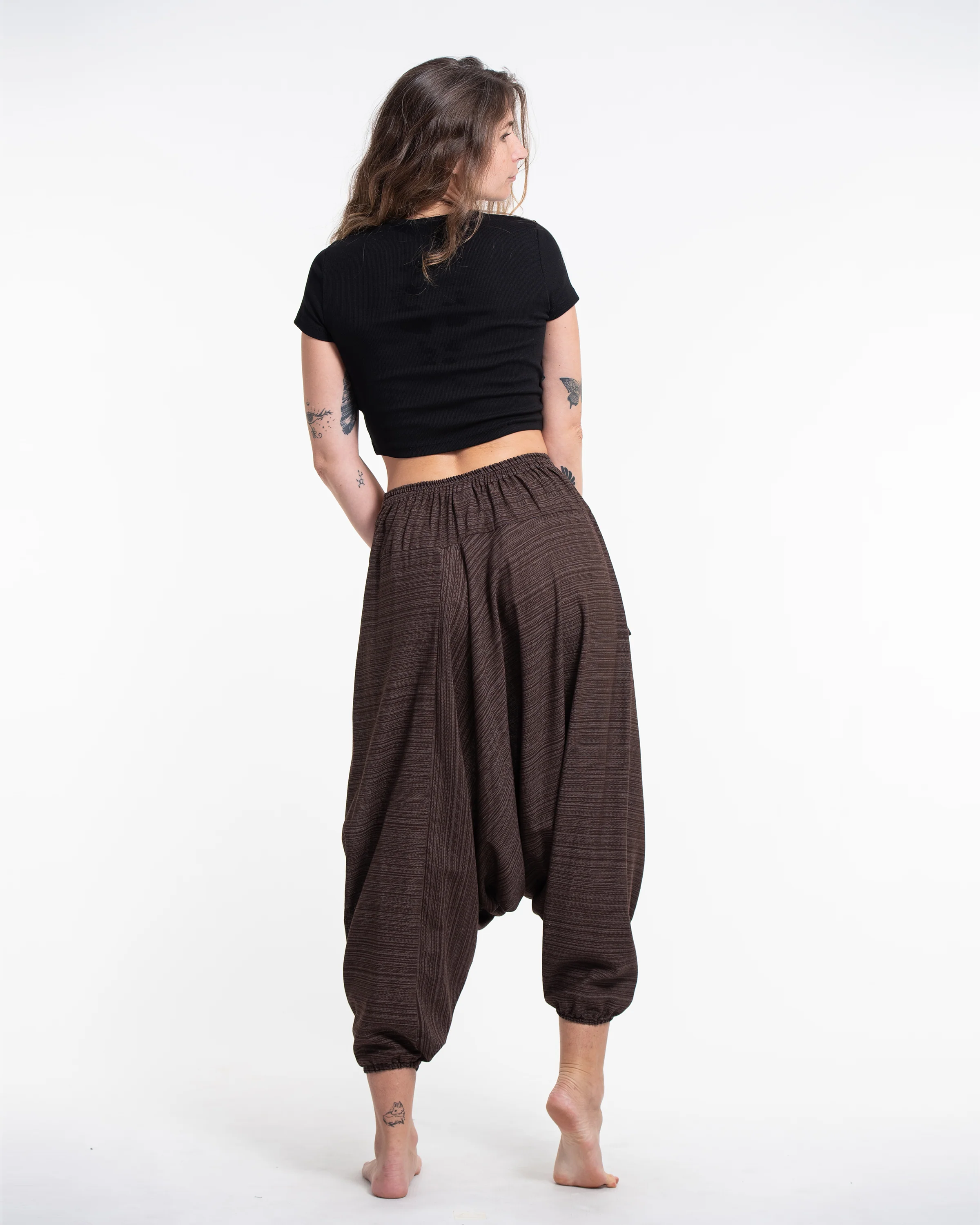 Pinstripe Cotton Low Cut Women's Harem Pants With Hill Tribe Trim Brown - Image 4