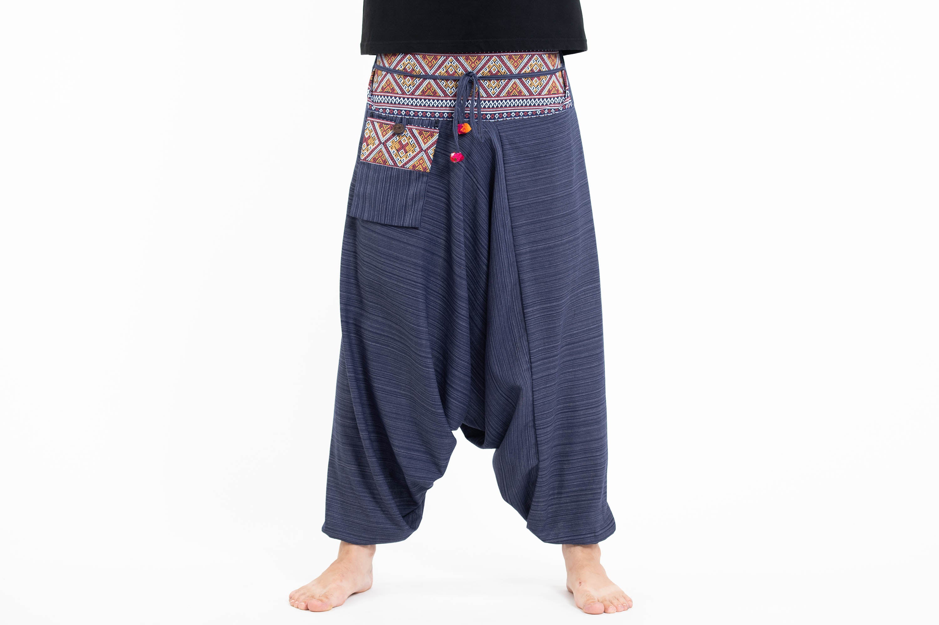 Pinstripe Cotton Low Cut Men's Harem Pants With Hill Tribe Trim Navy - Image 4