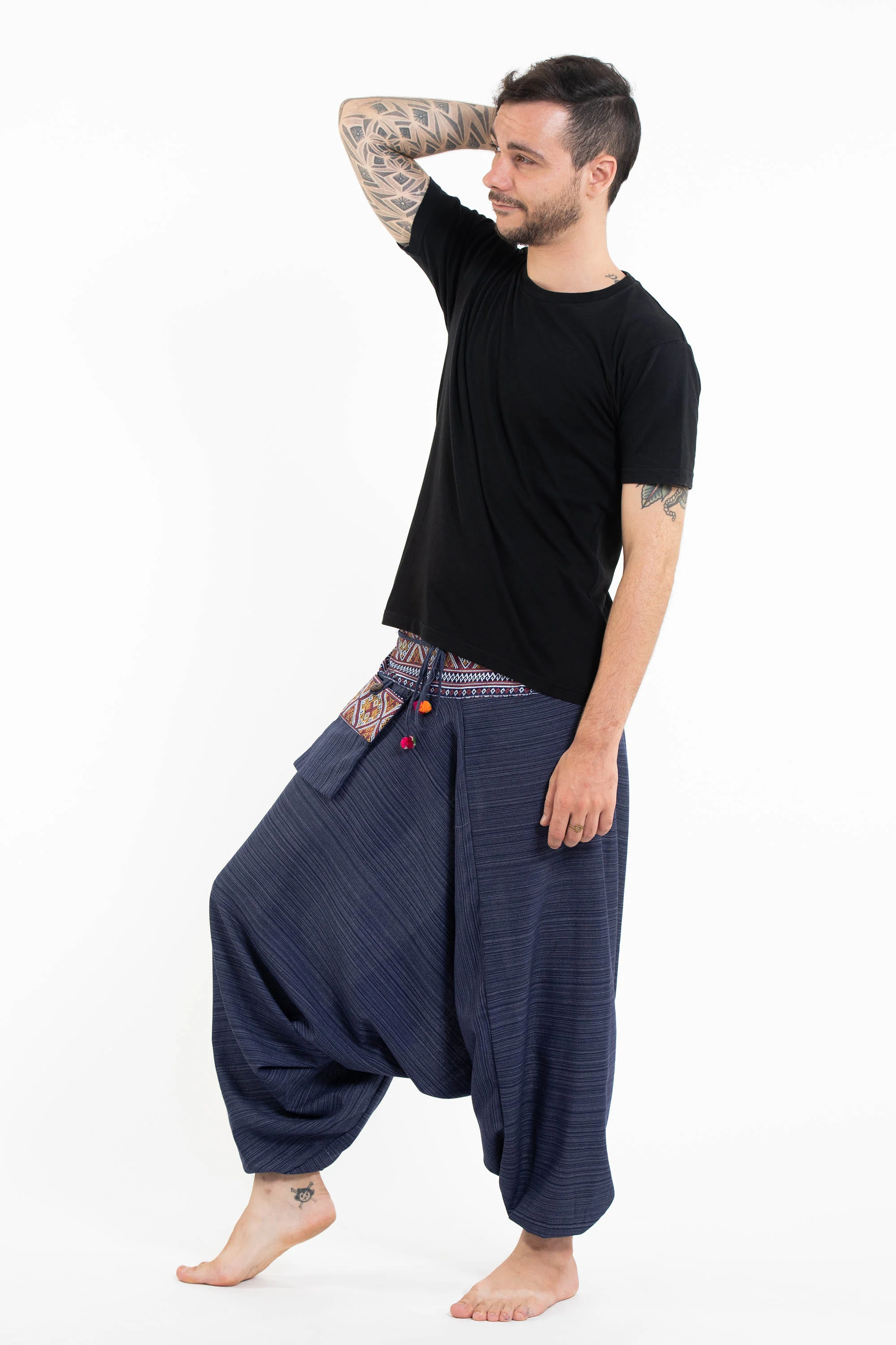 Pinstripe Cotton Low Cut Men's Harem Pants With Hill Tribe Trim Navy - Image 5