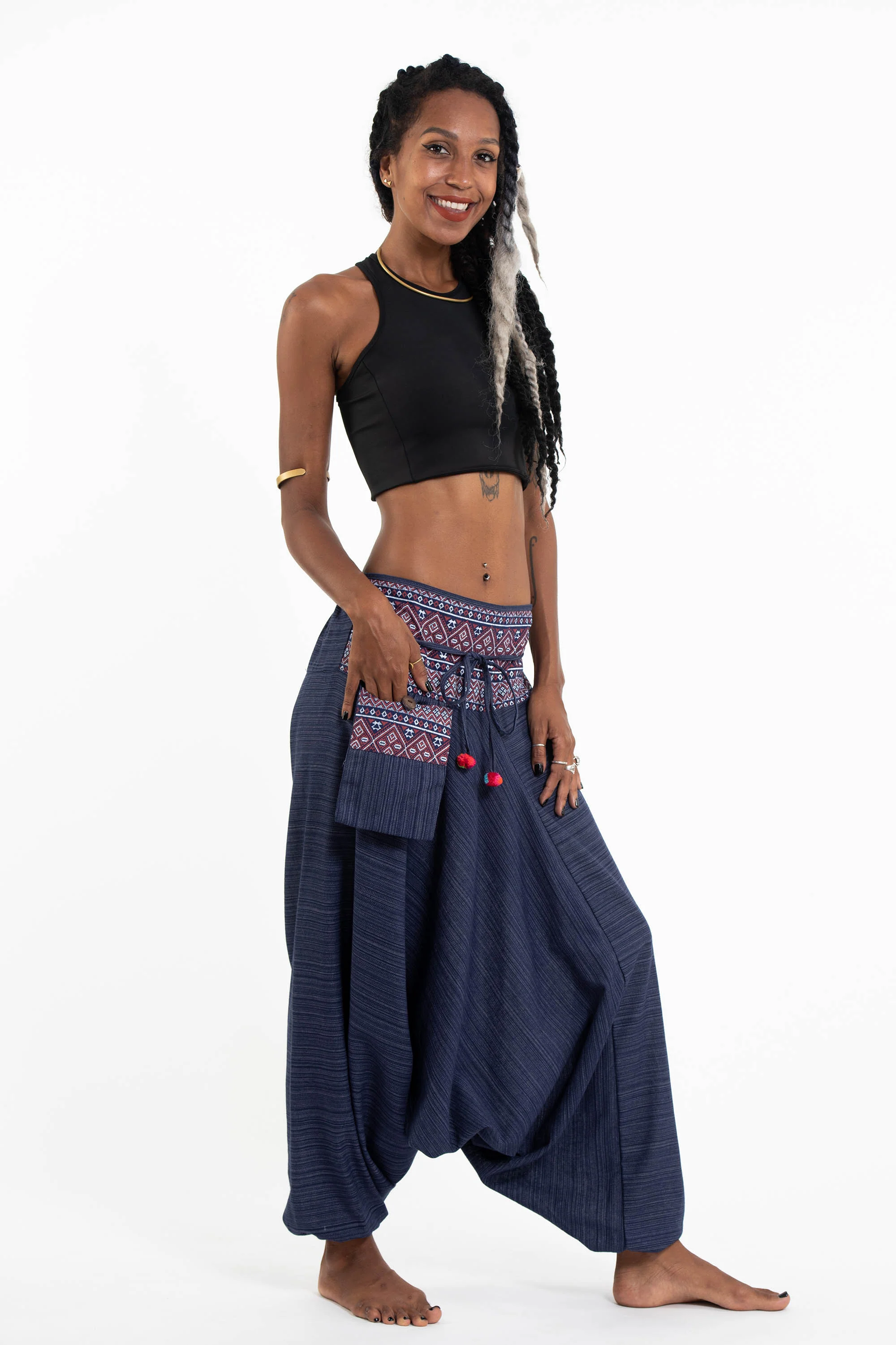 Pinstripe Cotton Low Cut Women's Harem Pants With Hill Tribe Trim Navy - Image 7
