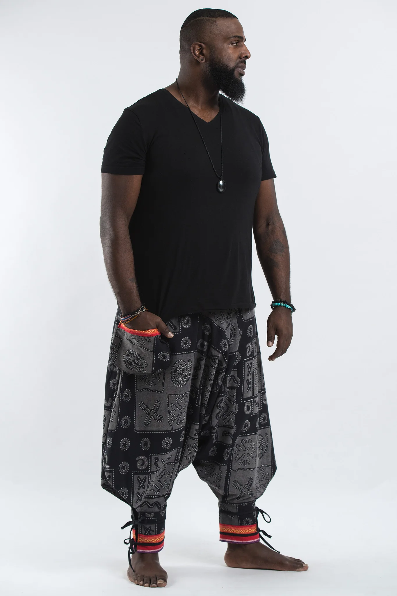 Plus Size Black and Gray Thai Hill Tribe Fabric Men Harem Pants with Ankle Straps - Image 3