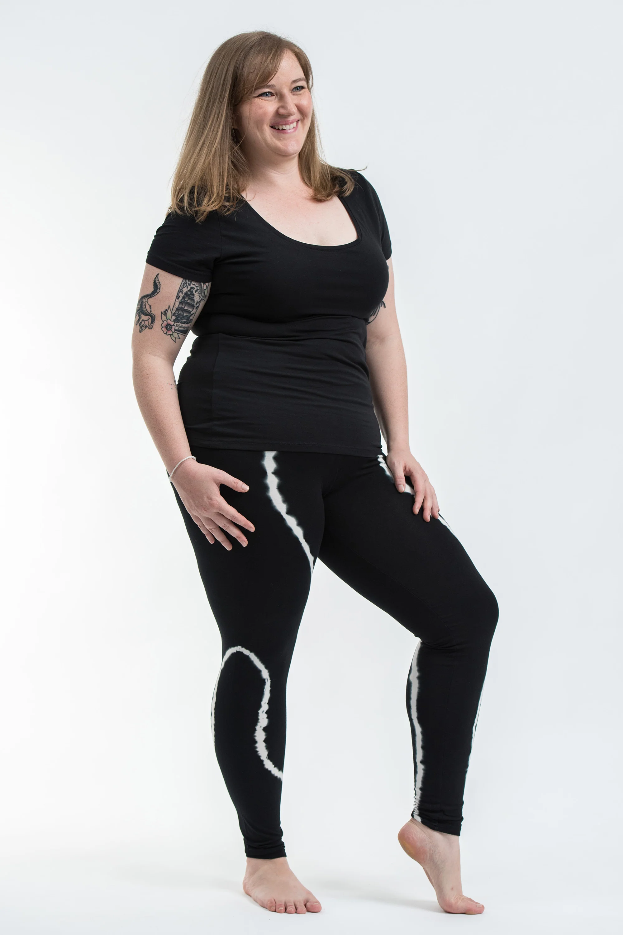 Plus Size Black Tie Dye Cotton Leggings in Electra White - Image 3