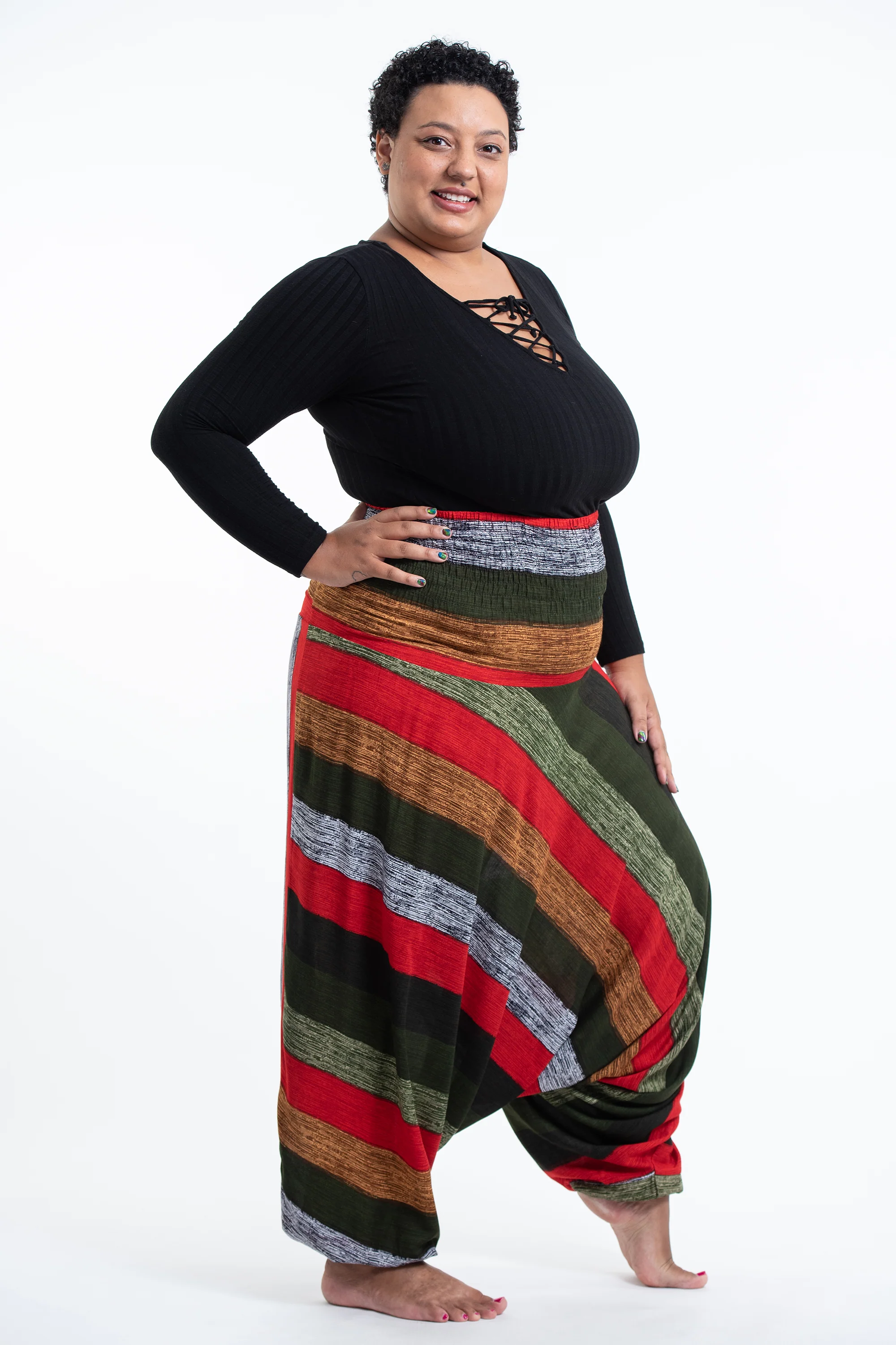 Plus Size Boho Striped 2-in-1 Jumpsuit Harem Pants in Green - Image 3