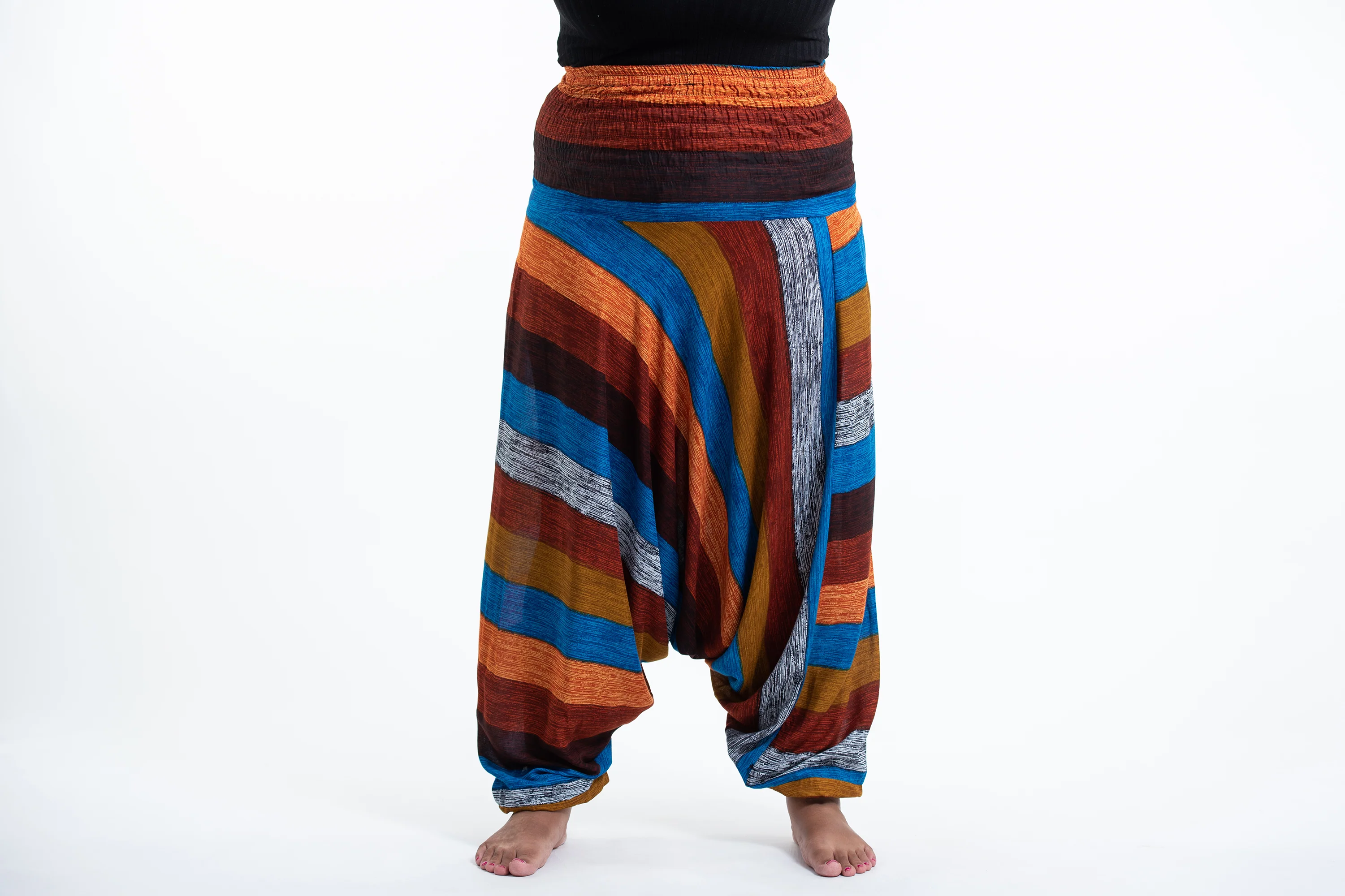 Plus Size Boho Striped 2-in-1 Jumpsuit Harem Pants in Rust - Image 2