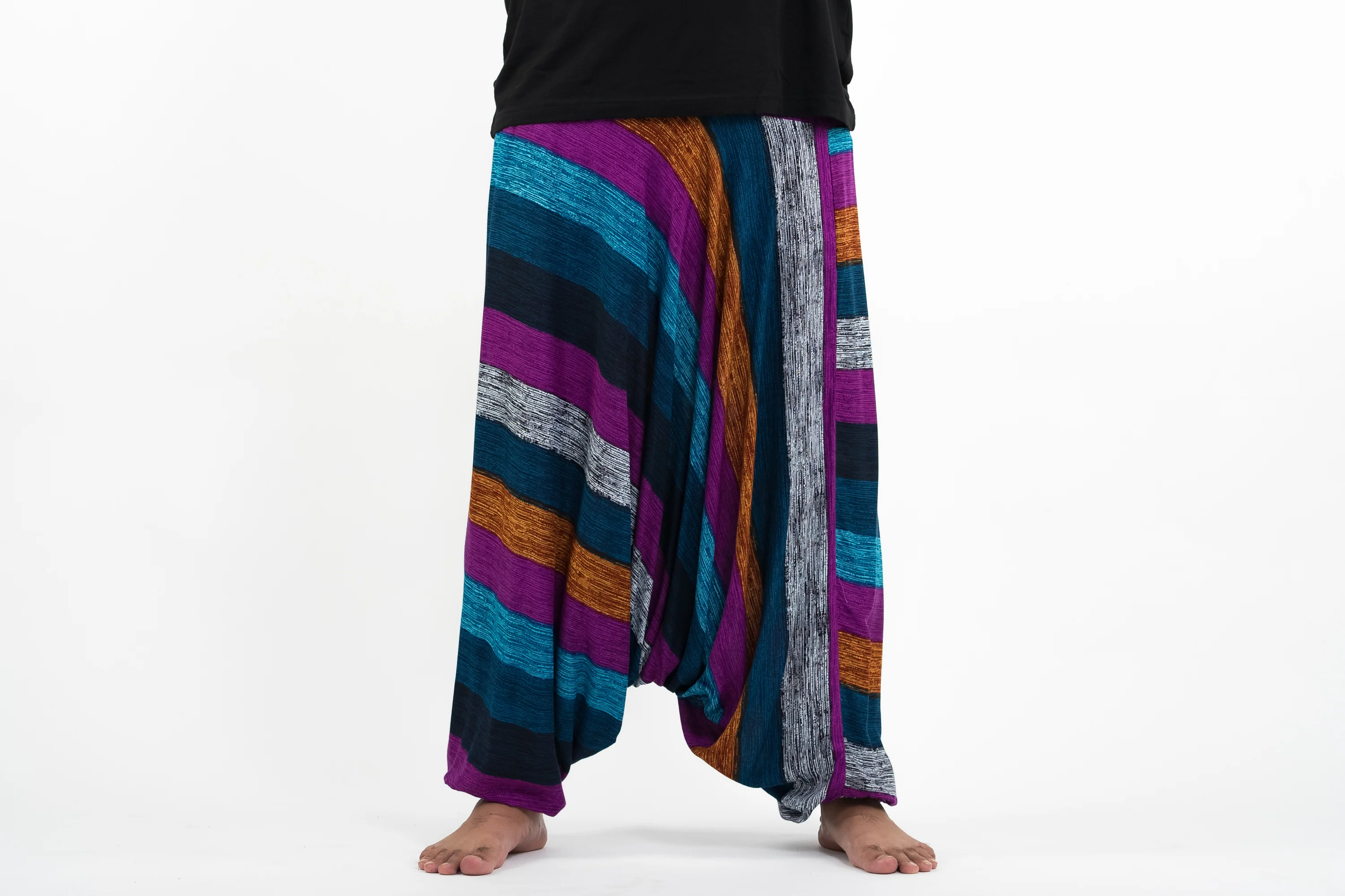 Plus Size Boho Striped Drop Crotch Men's Harem Pants in Blue - Image 2