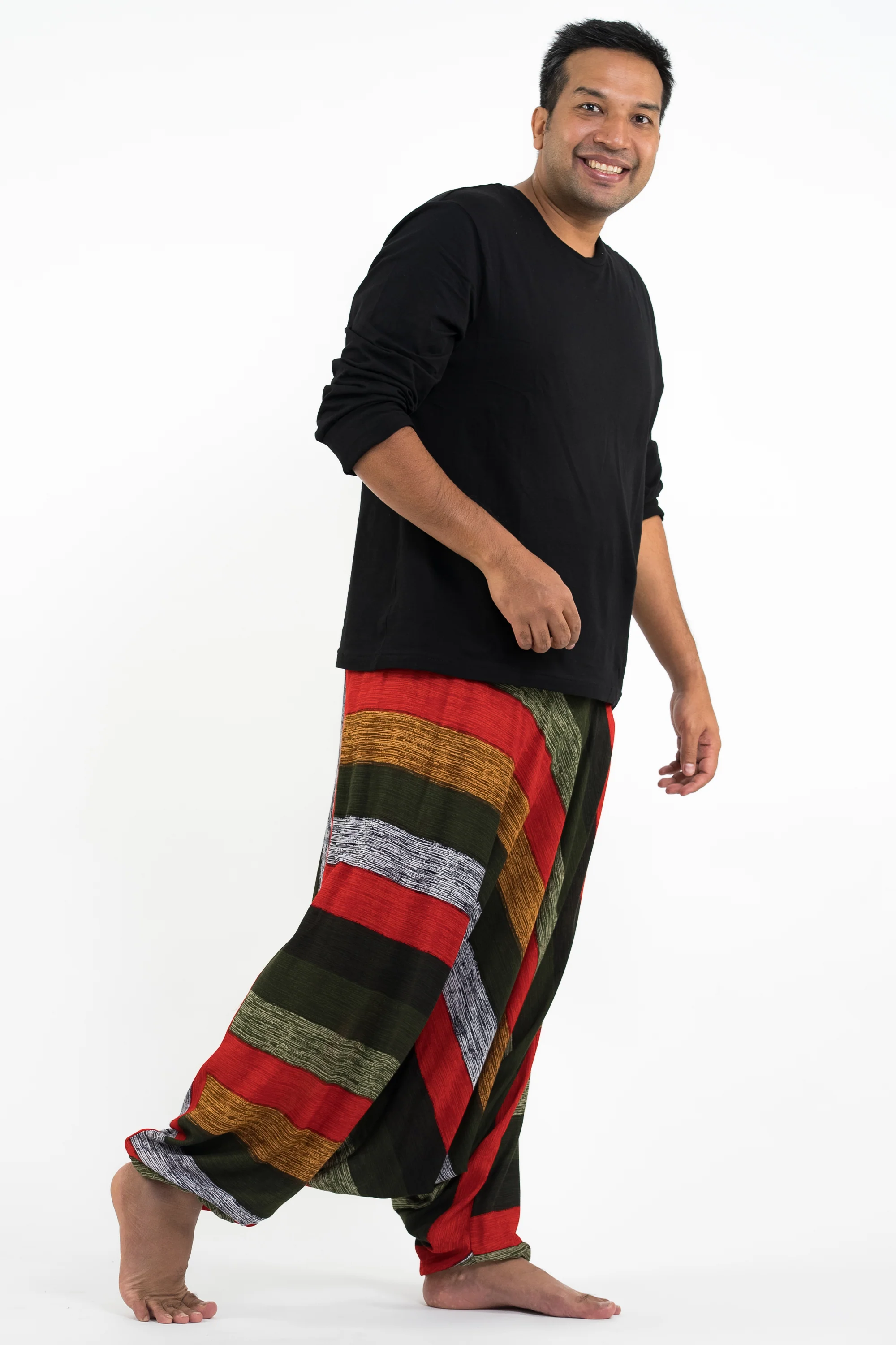 Plus Size Boho Striped Drop Crotch Men's Harem Pants in Green - Image 3