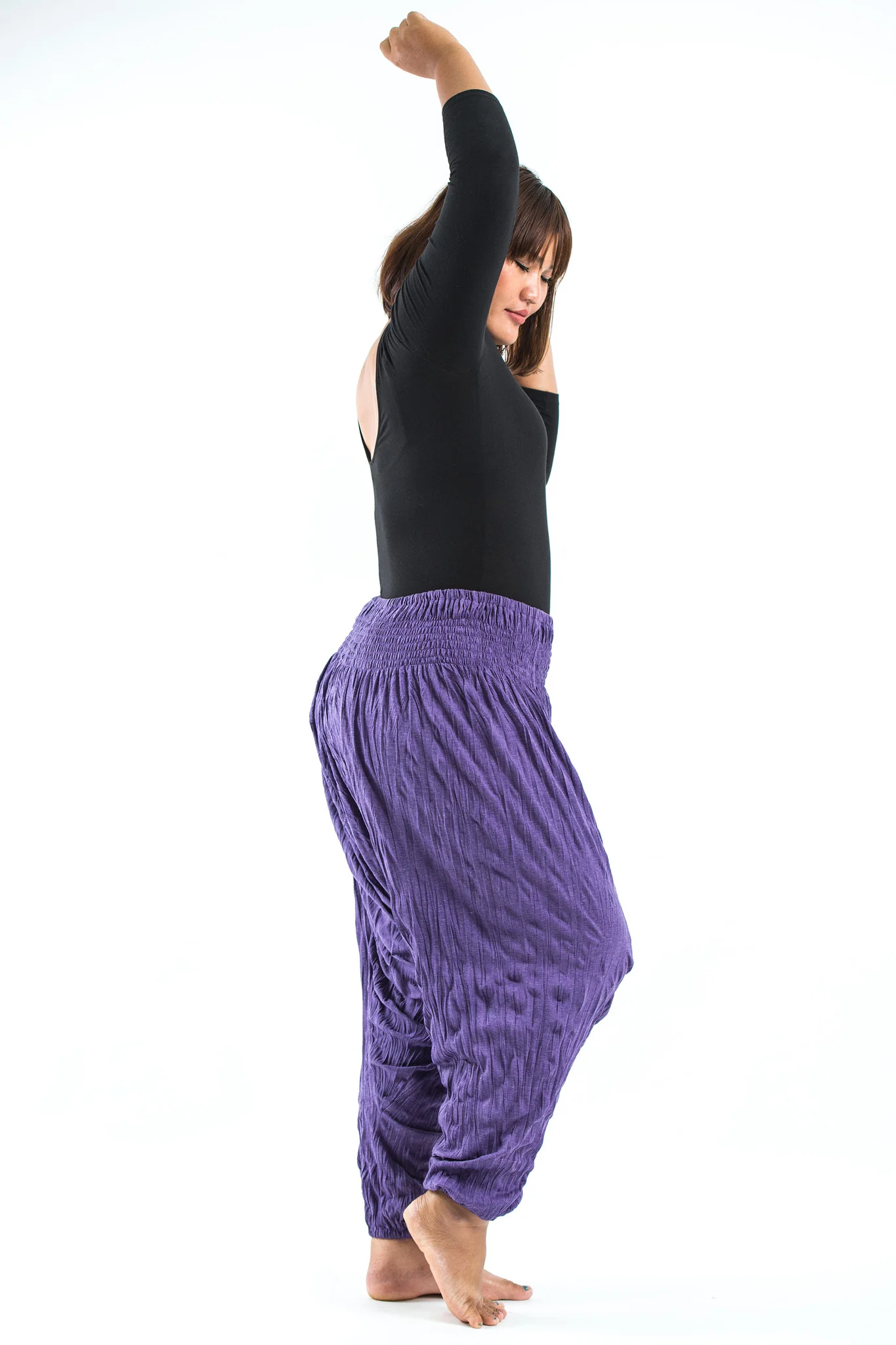 Plus Size Crinkled Cotton Harem Pants in Purple - Image 3