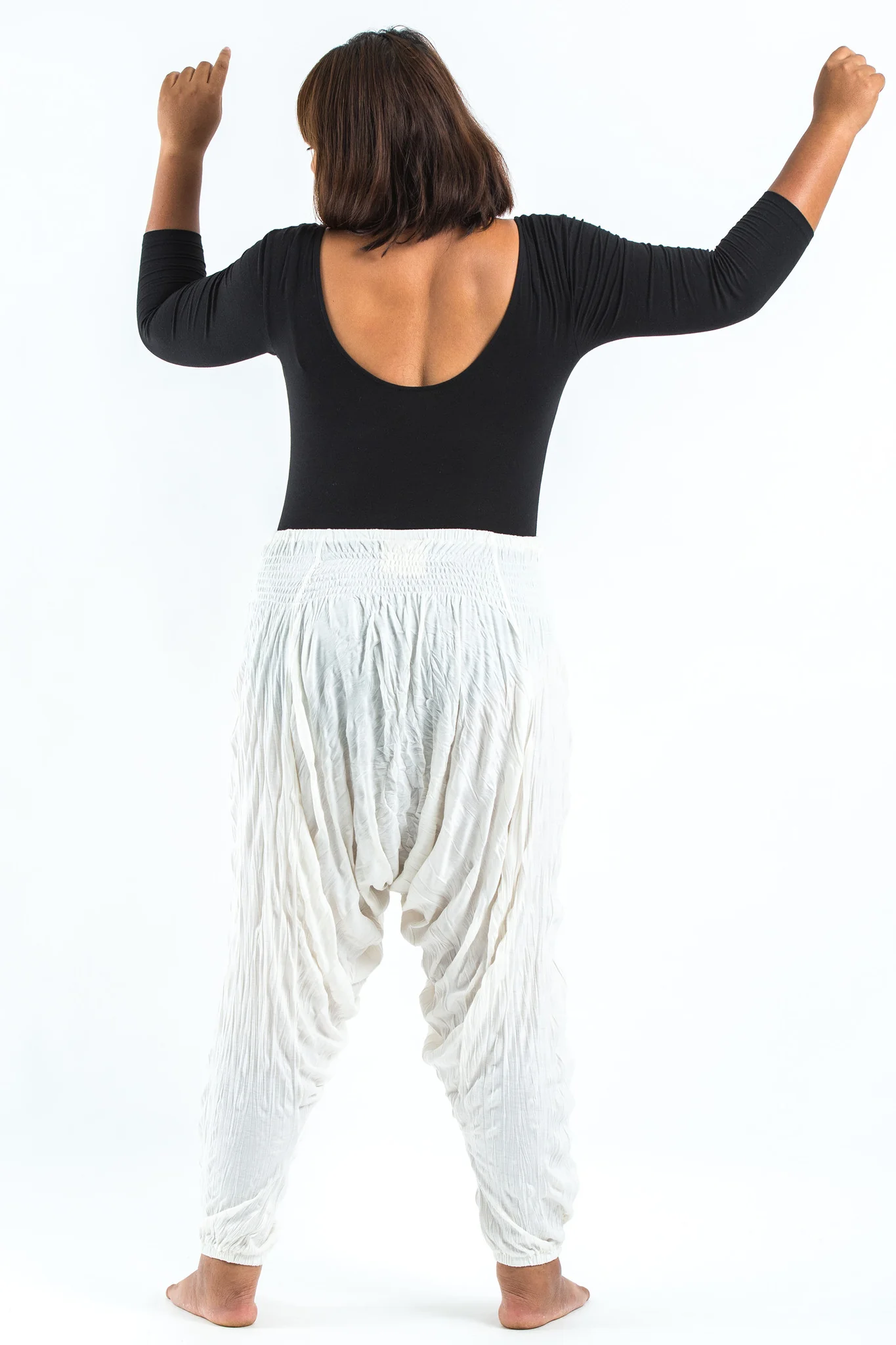 Plus Size Crinkled Cotton Harem Pants in White - Image 4