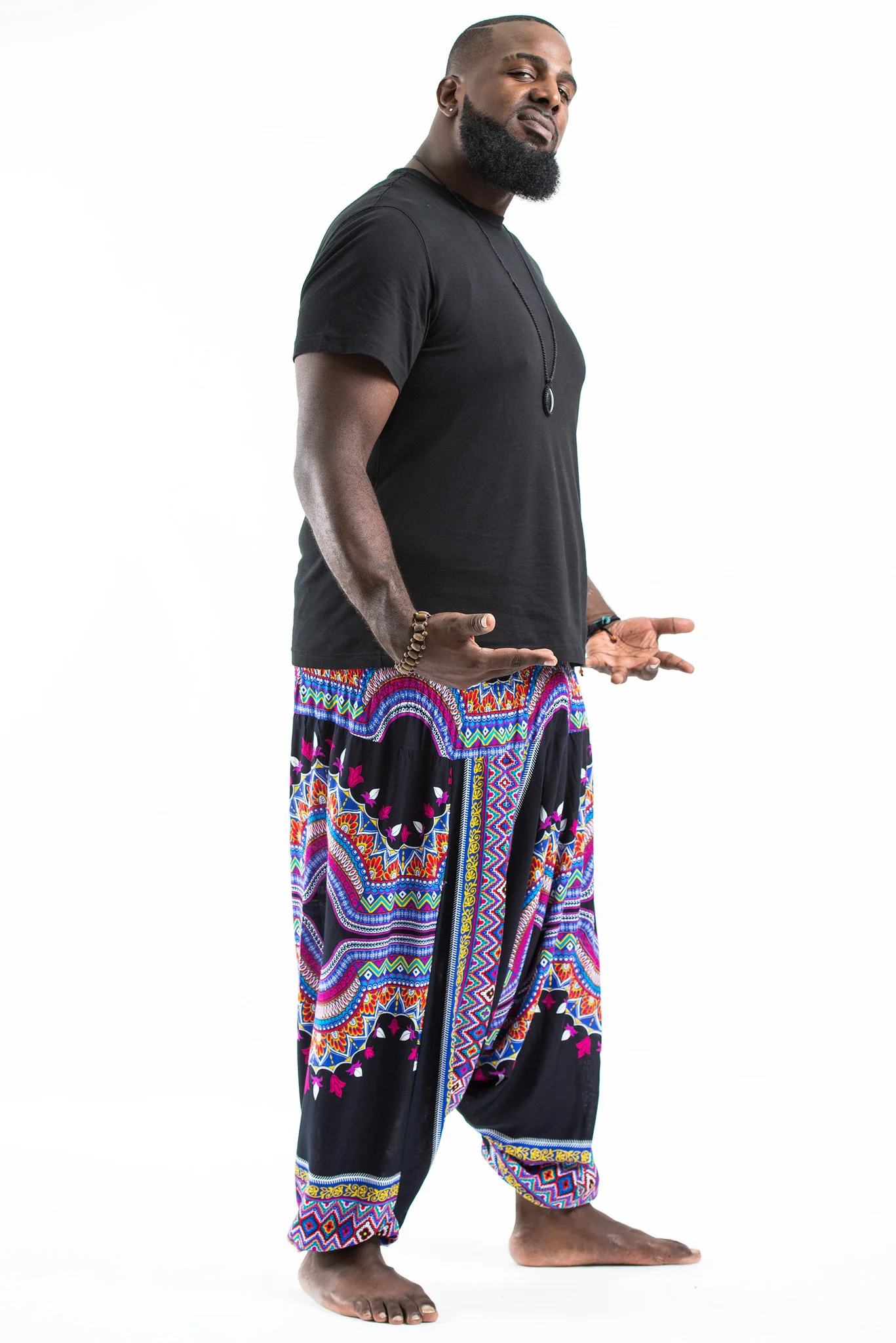 Plus Size Dashiki Prints Drop Crotch Men's Harem Pants in Black - Image 3