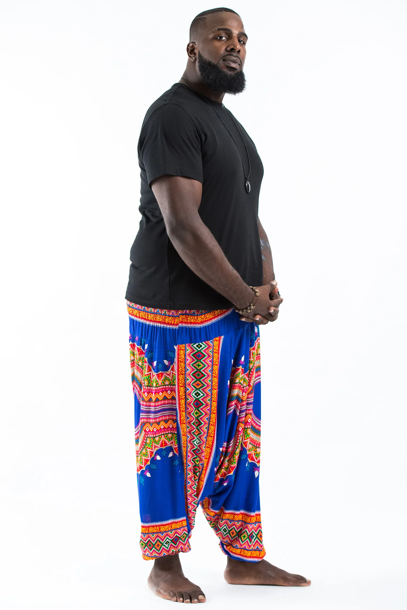 Plus Size Dashiki Prints Drop Crotch Men's Harem Pants in Blue - Image 3