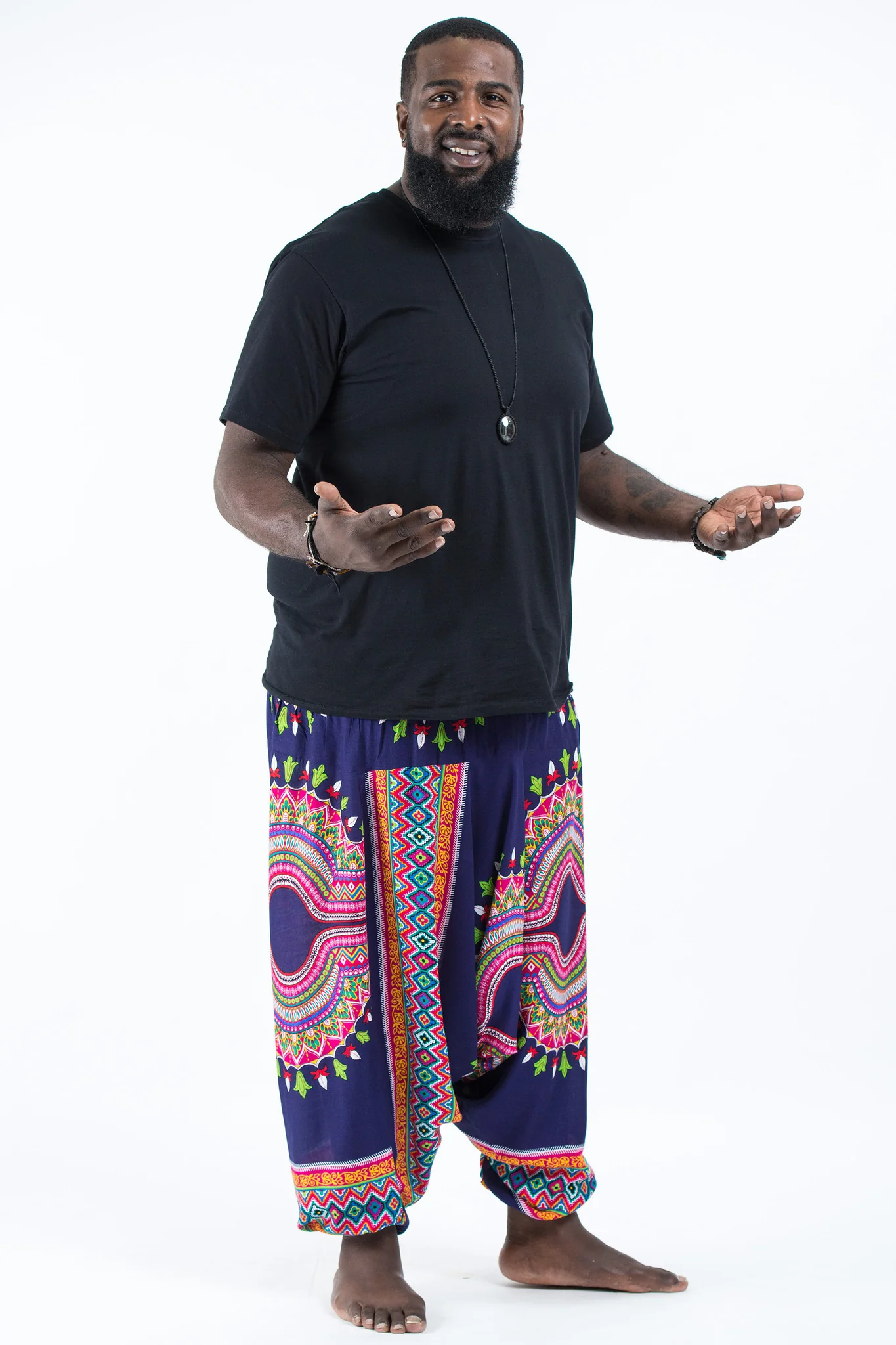 Plus Size Dashiki Prints Drop Crotch Men's Harem Pants in Navy - Image 3