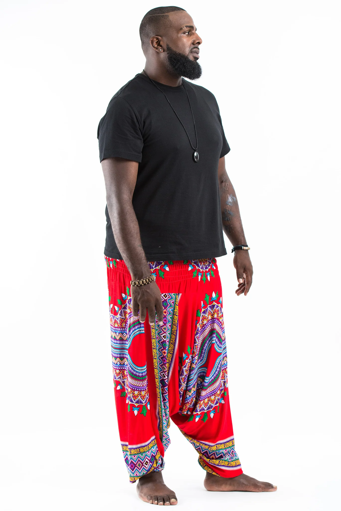 Plus Size Dashiki Prints Drop Crotch Men's Harem Pants in Red - Image 3