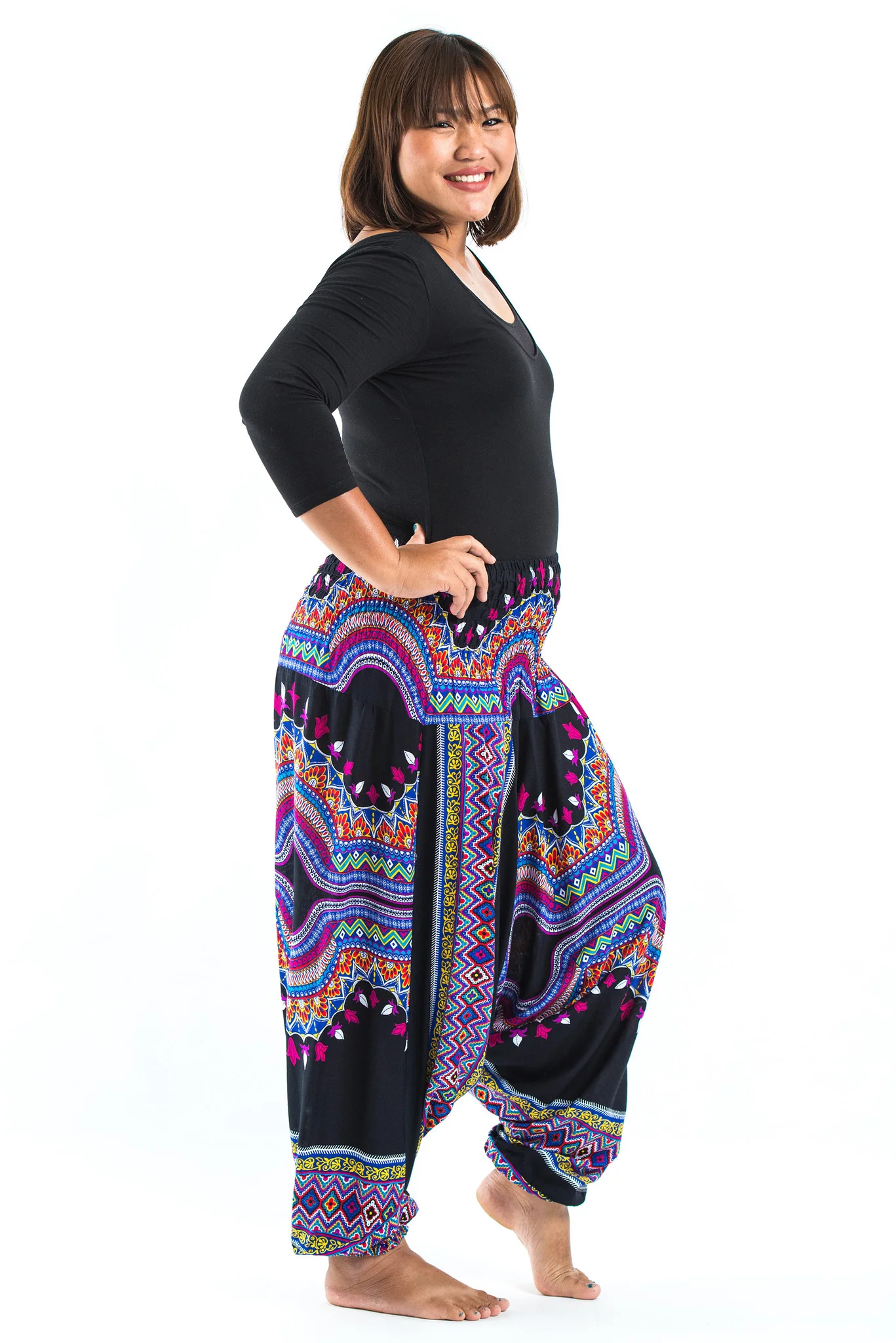 Plus Size Dashiki Prints 2-in-1 Jumpsuit Harem Pants in Black - Image 3
