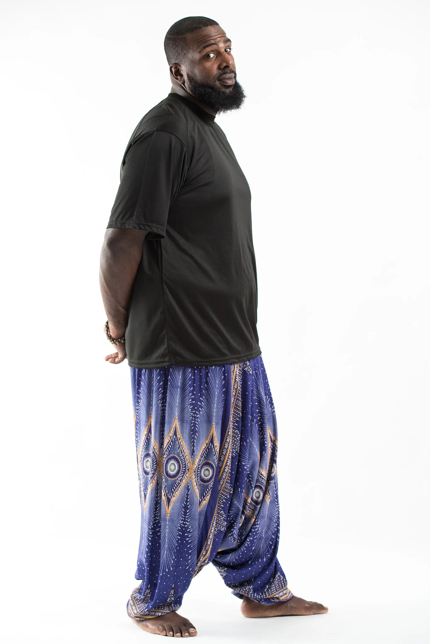 Plus Size Diamond Peacock Drop Crotch Men's Harem Pants in Blue - Image 3