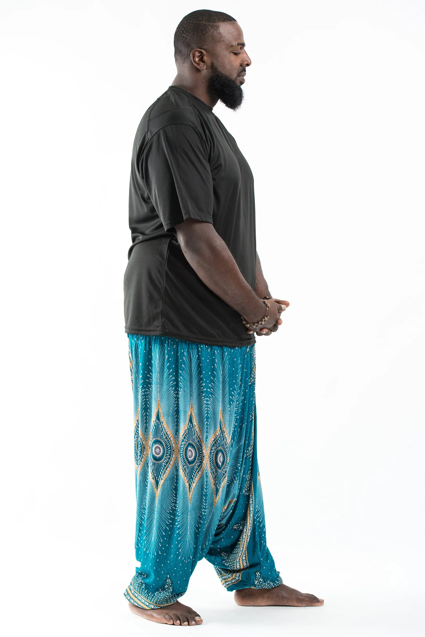 Plus Size Diamond Peacock Drop Crotch Men's Harem Pants in Turquoise - Image 3