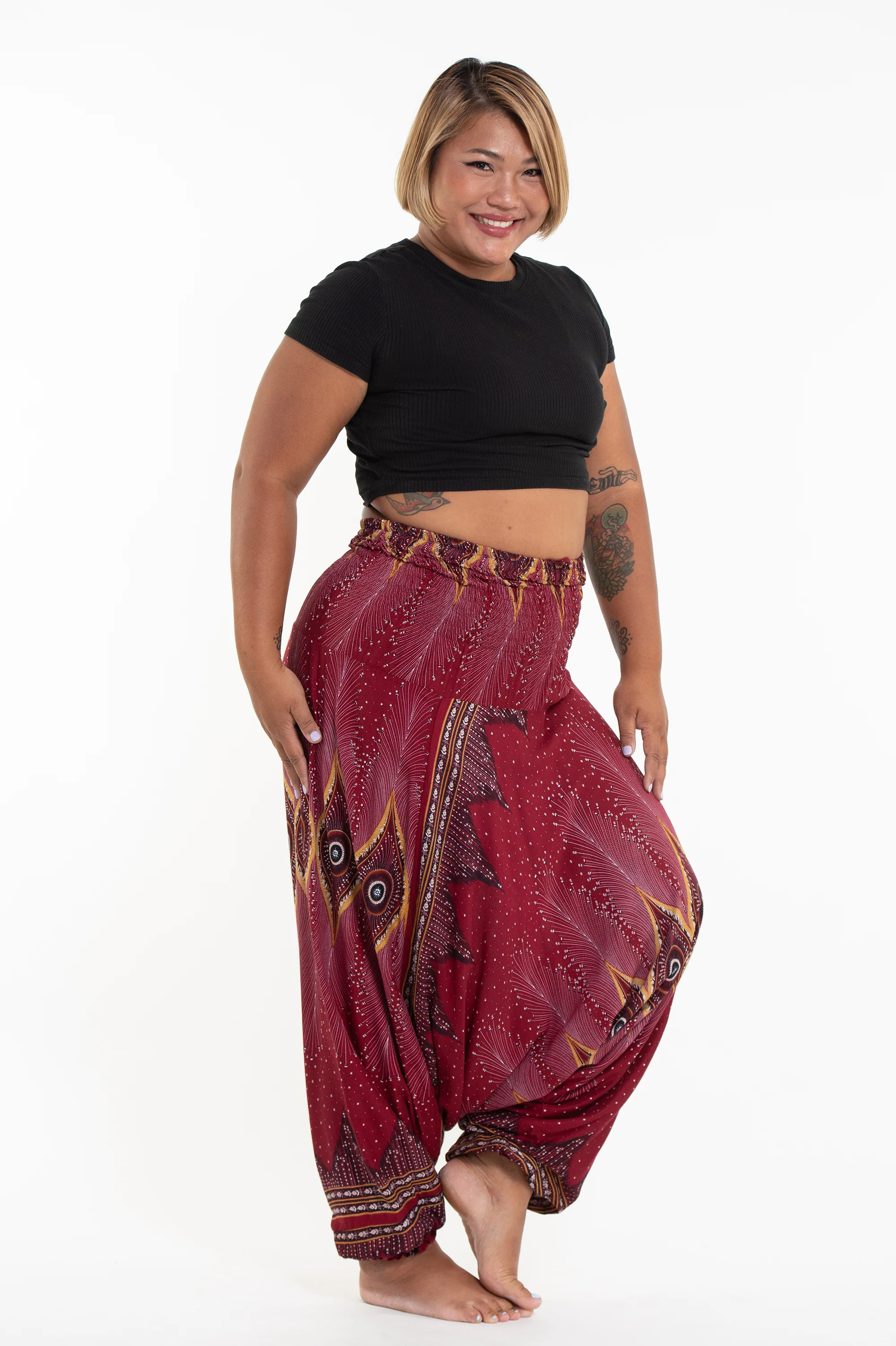Plus Size Diamond Peacock 2-in-1 Jumpsuit Harem Pants in Red - Image 3