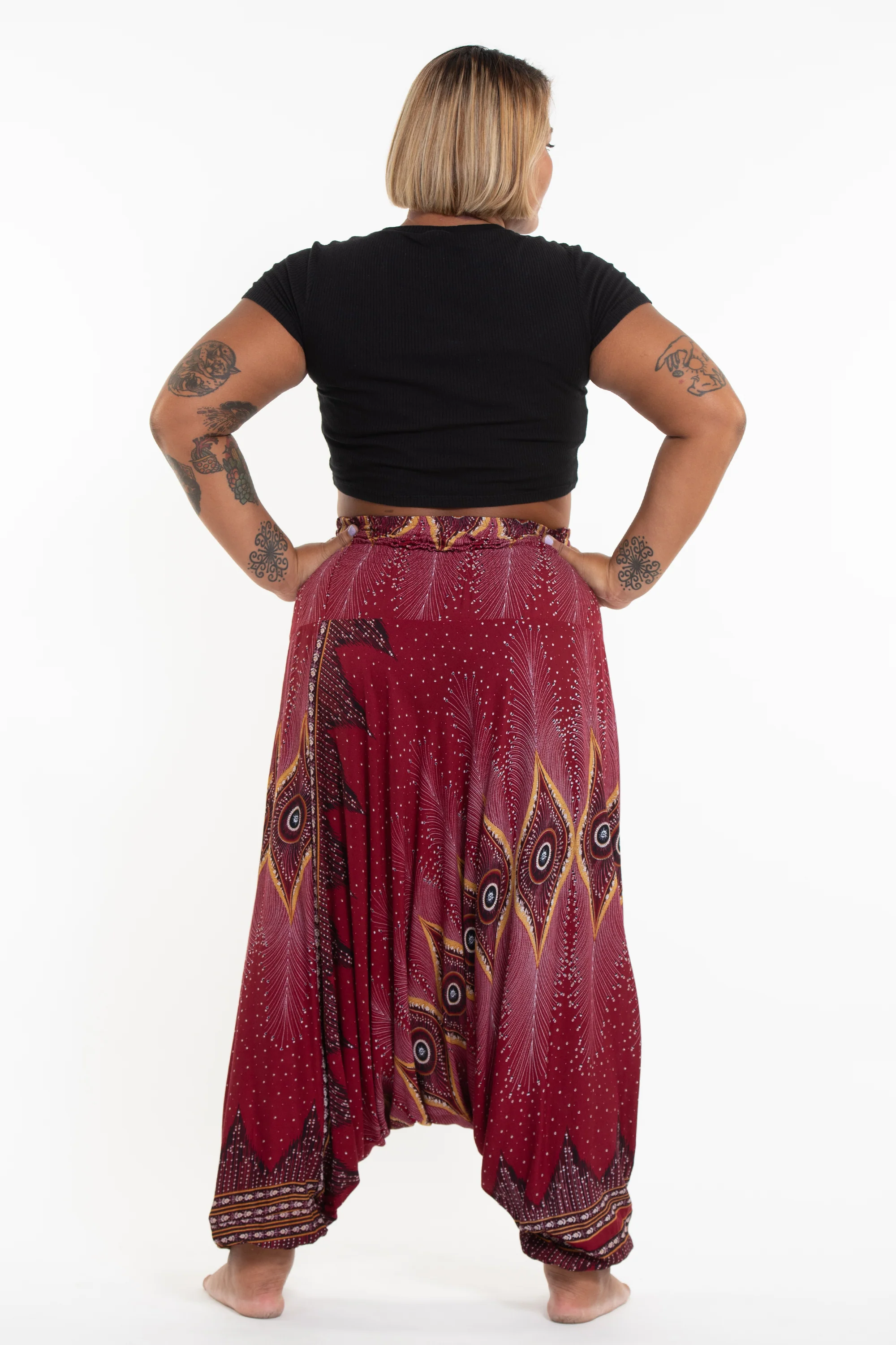 Plus Size Diamond Peacock 2-in-1 Jumpsuit Harem Pants in Red - Image 4