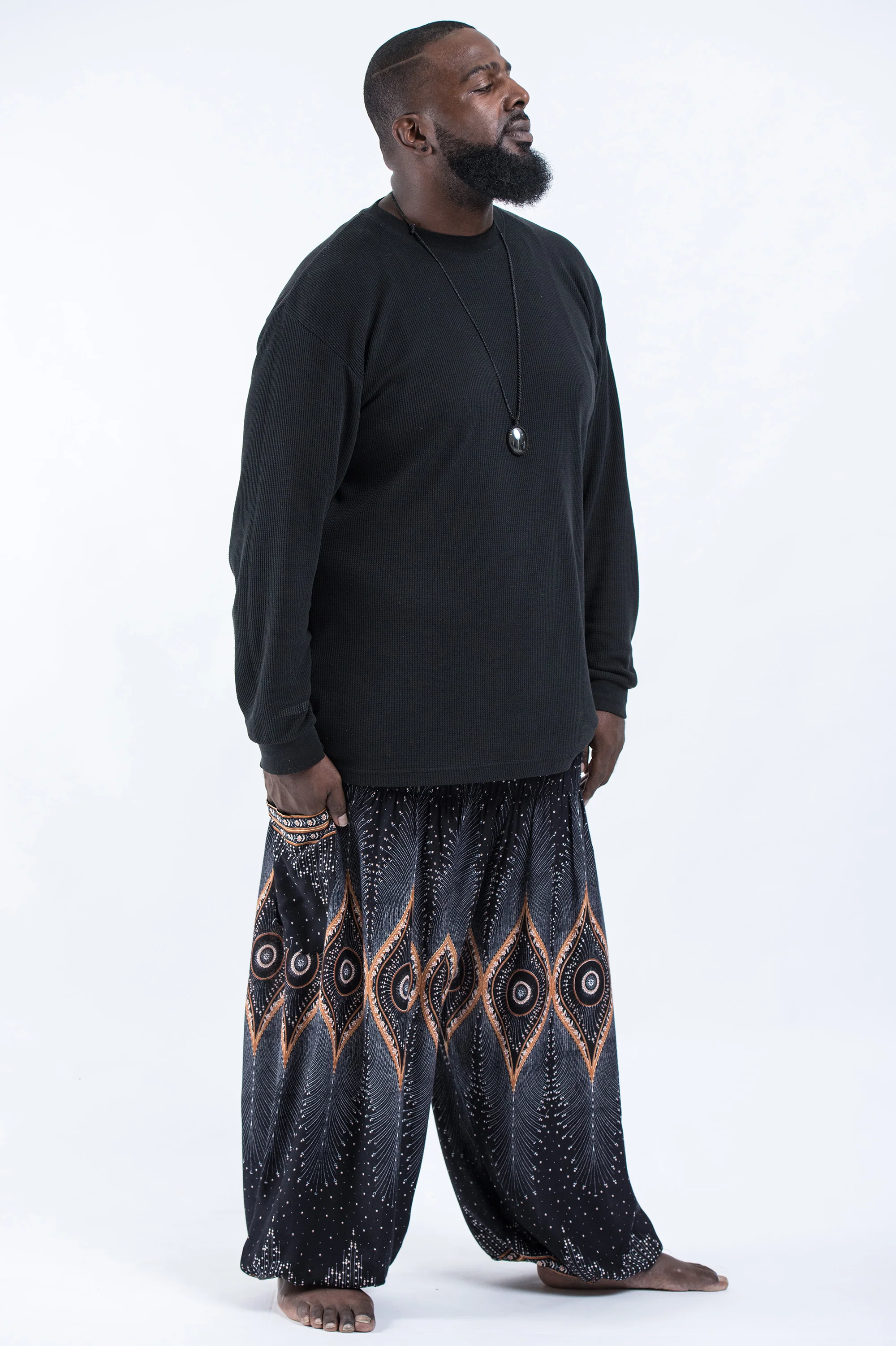 Plus Size Diamond Peacock Men's Harem Pants in Black - Image 3