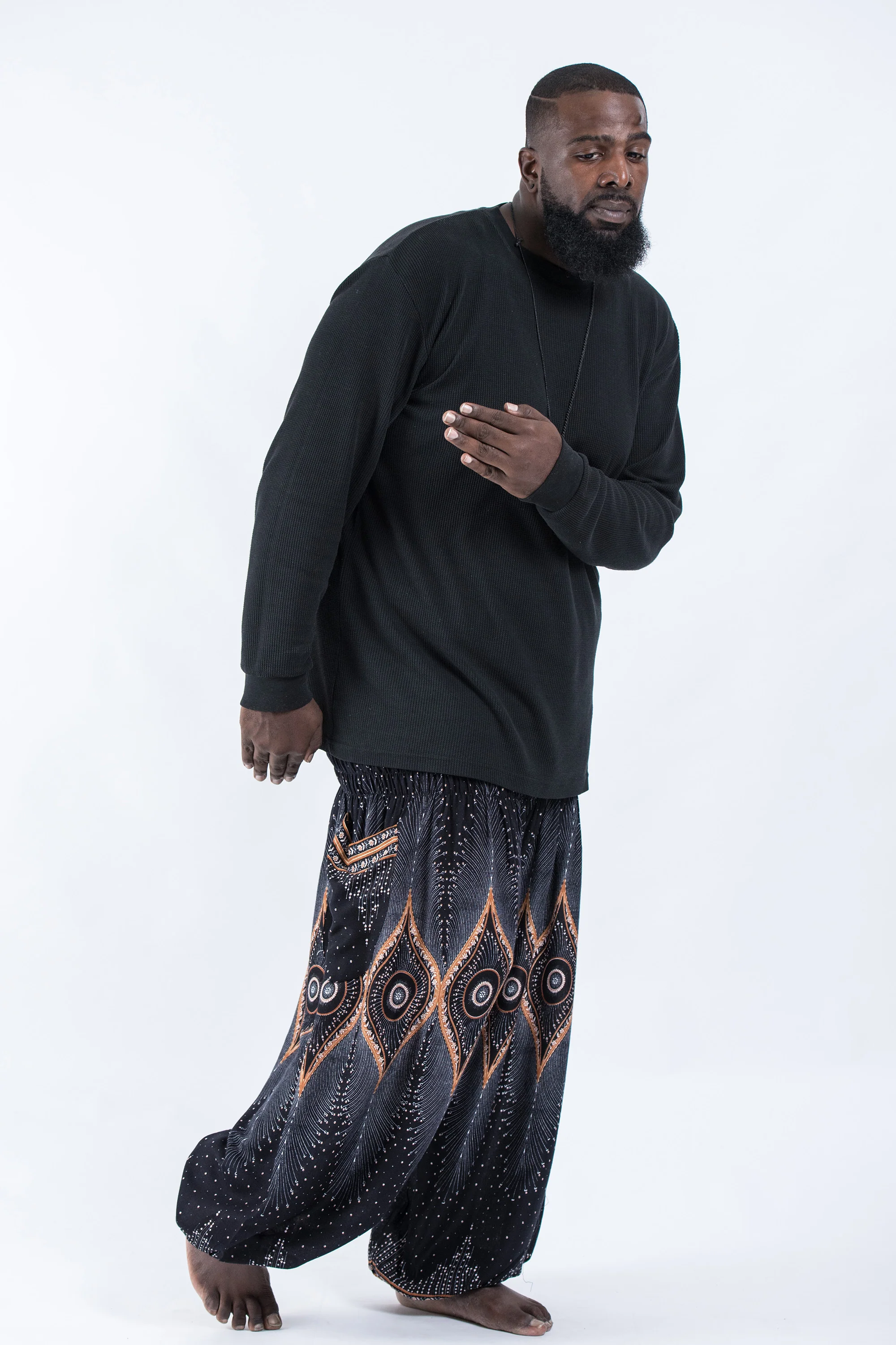 Plus Size Diamond Peacock Men's Harem Pants in Black - Image 4