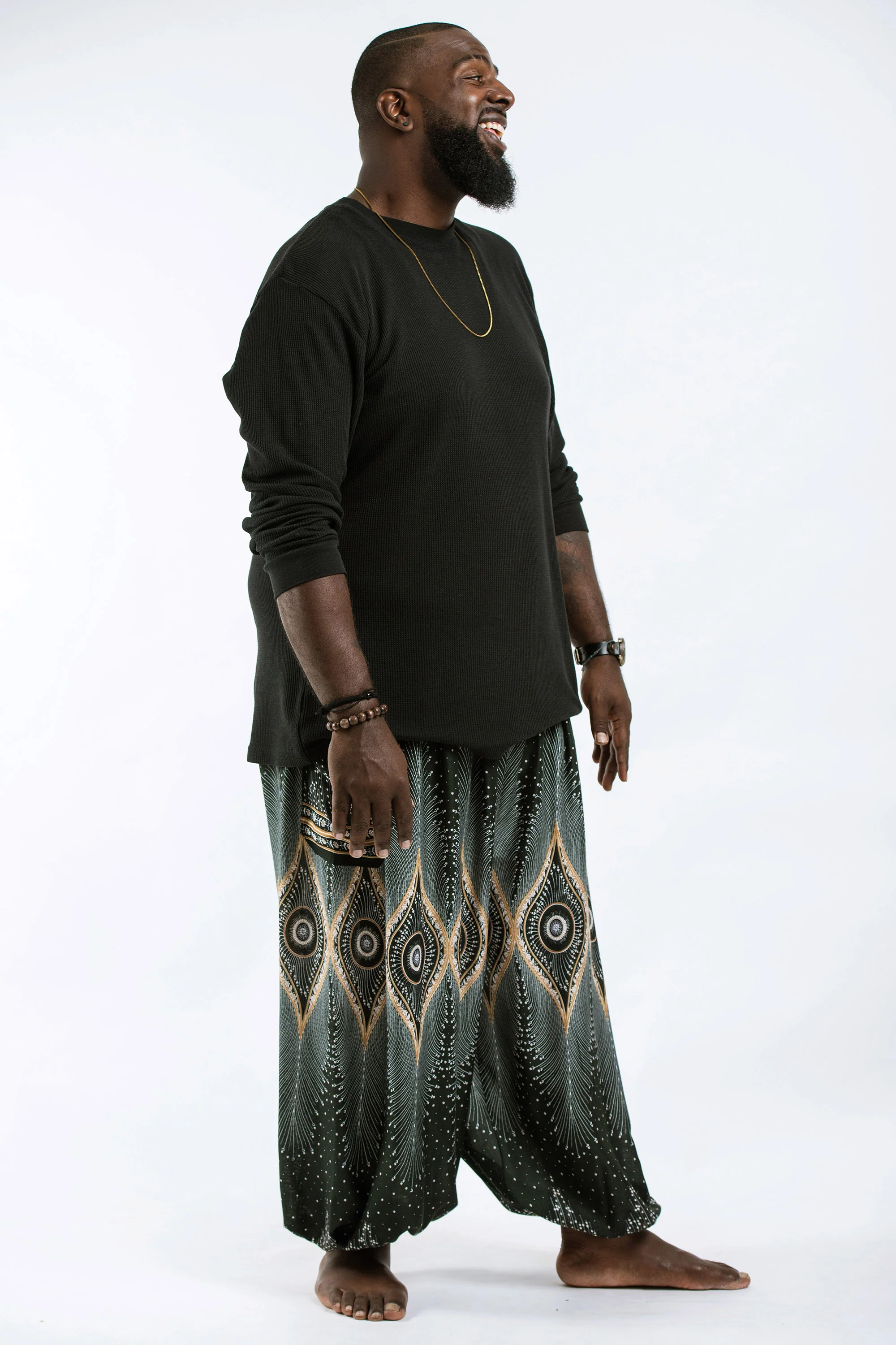 Plus Size Diamond Peacock Men's Harem Pants in Green - Image 3