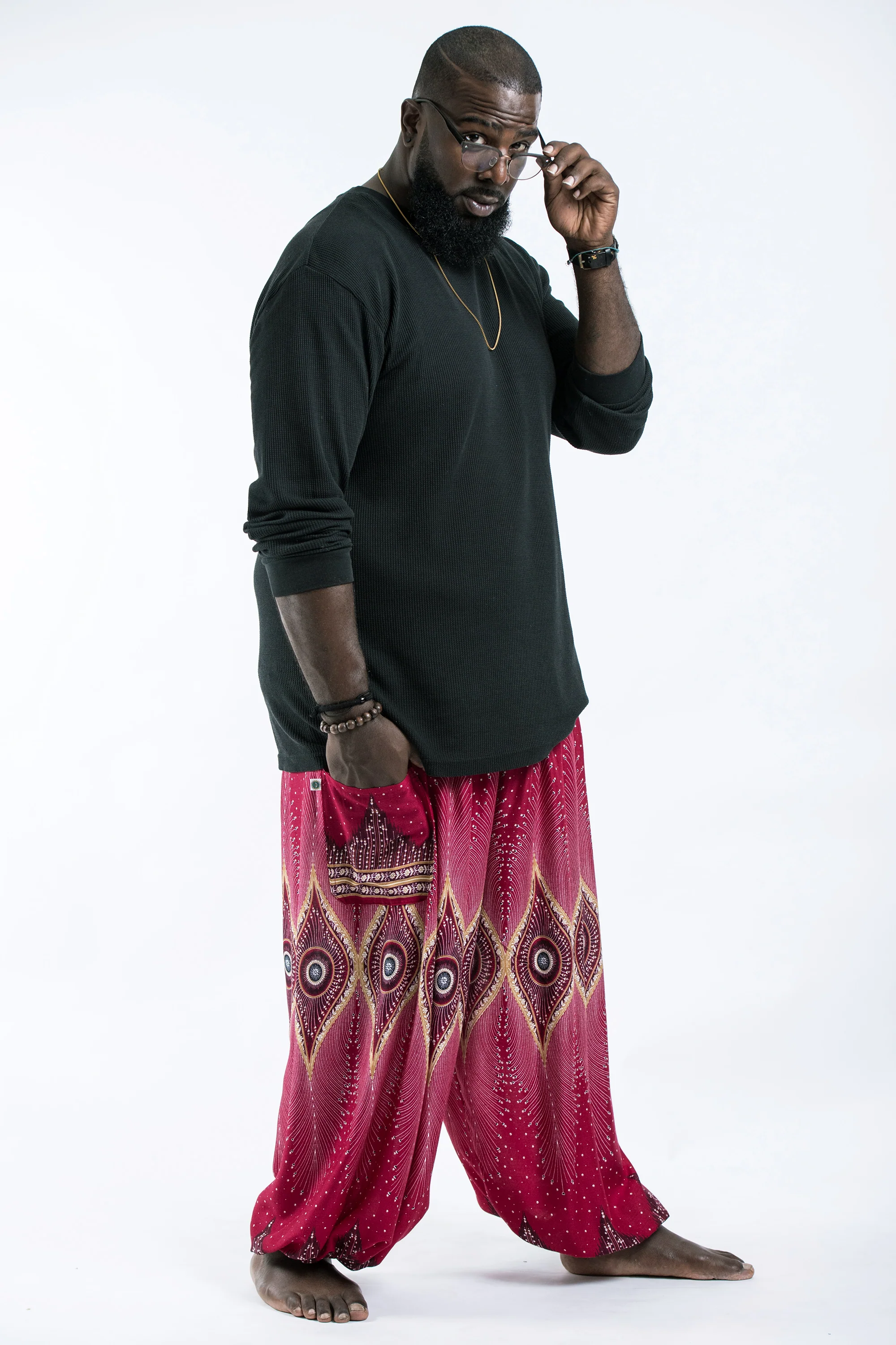 Plus Size Diamond Peacock Men's Harem Pants in Red - Image 3