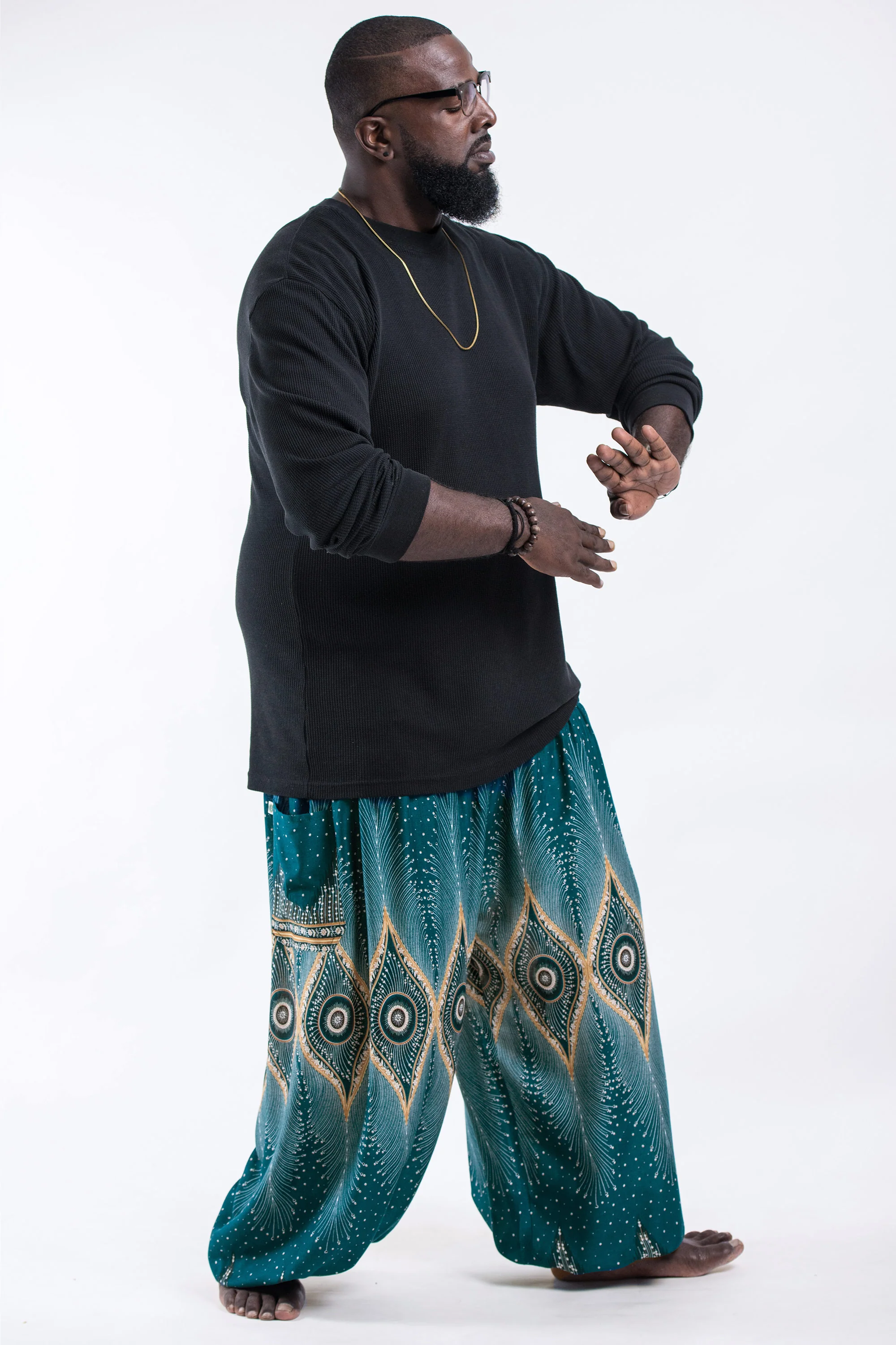 Plus Size Diamond Peacock Men's Harem Pants in Turquoise - Image 3