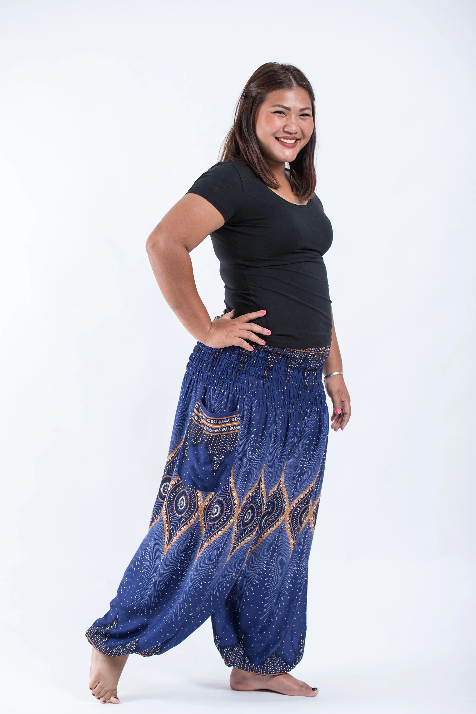 Plus Size Diamond Peacock Women's Harem Pants in Blue - Image 4