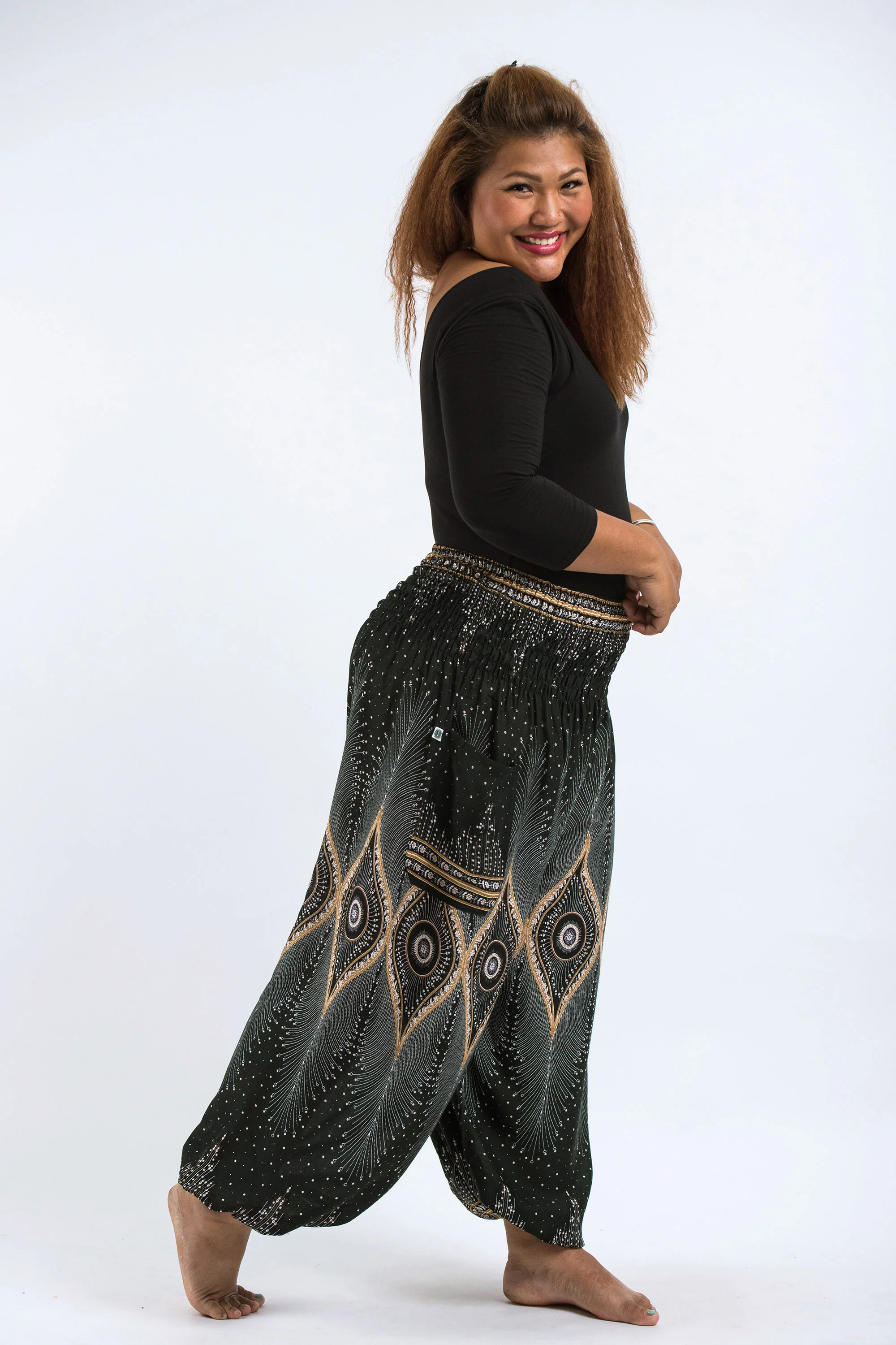 Plus Size Diamond Peacock Women's Harem Pants in Green - Image 3