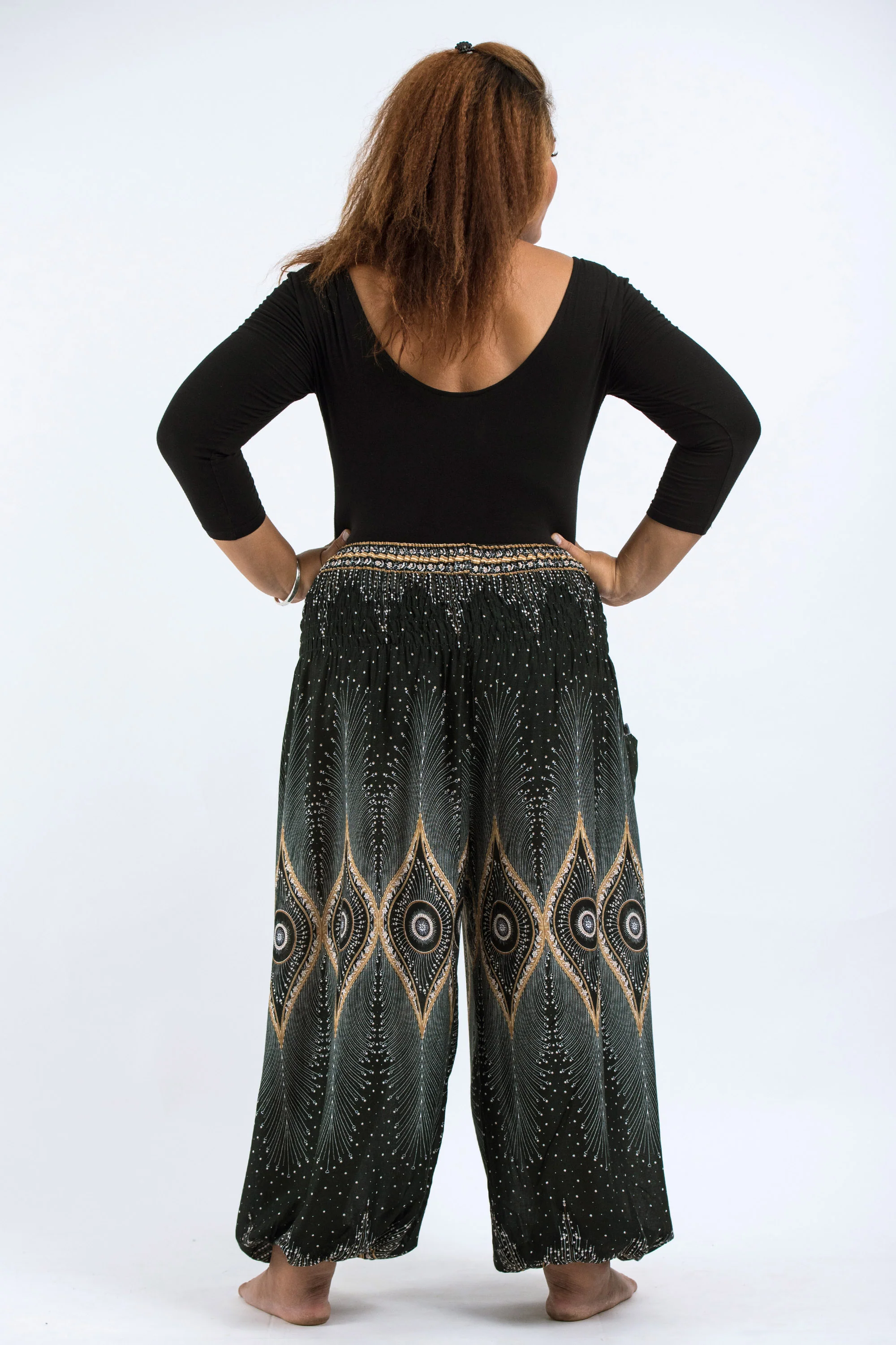 Plus Size Diamond Peacock Women's Harem Pants in Green - Image 4