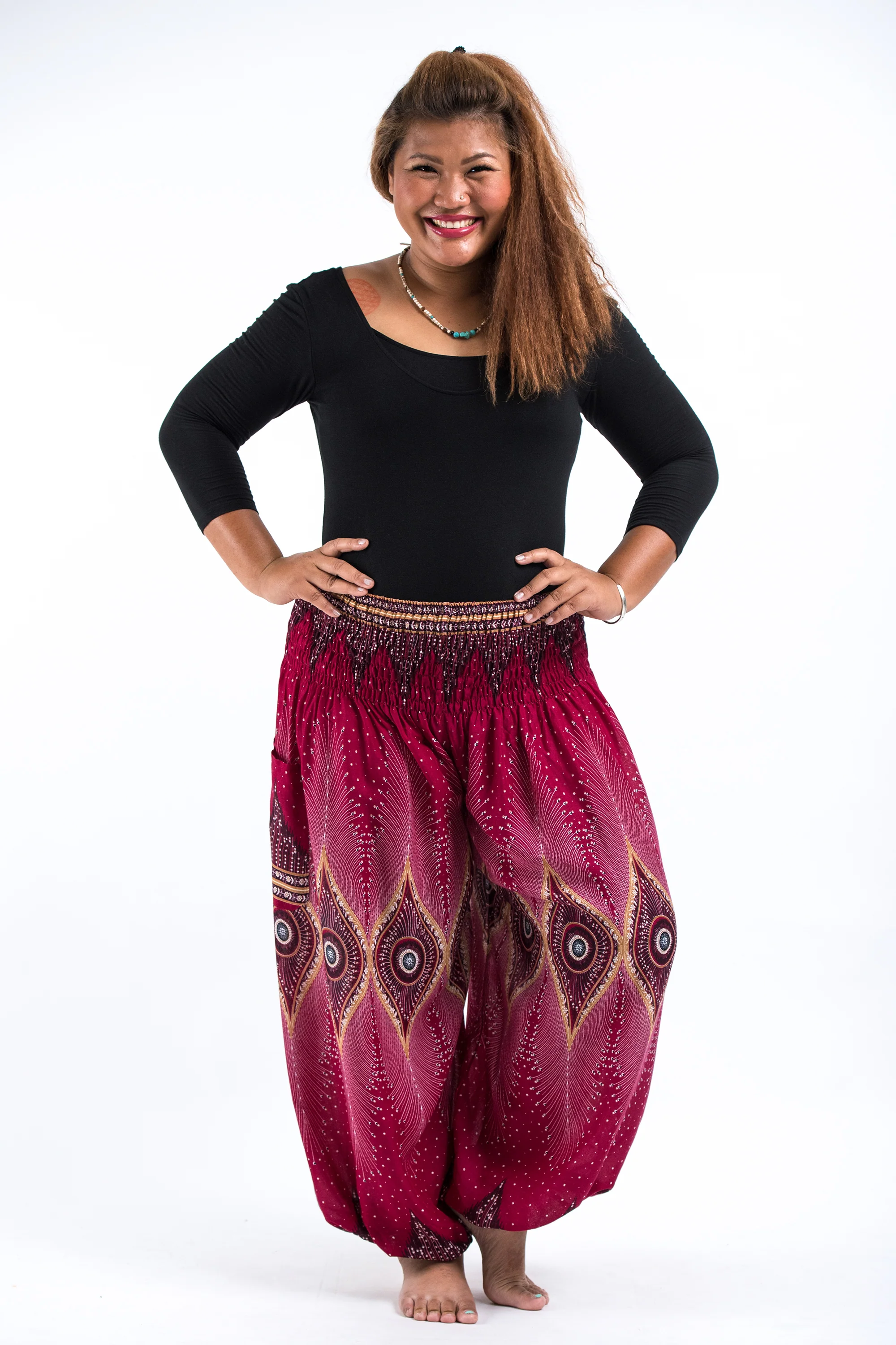 Plus Size Diamond Peacock Women's Harem Pants in Red
