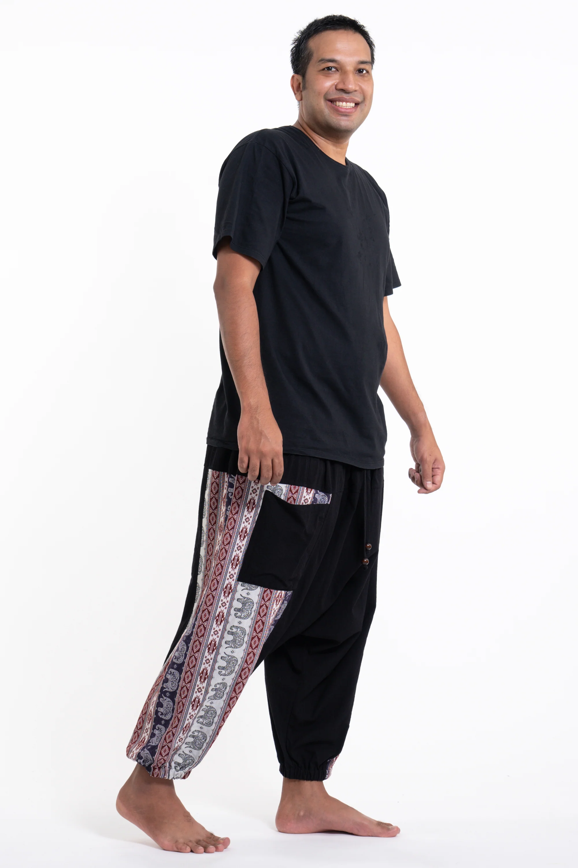 Plus Size Elephant Aztec Cotton Men's Harem Pants in Black - Image 3