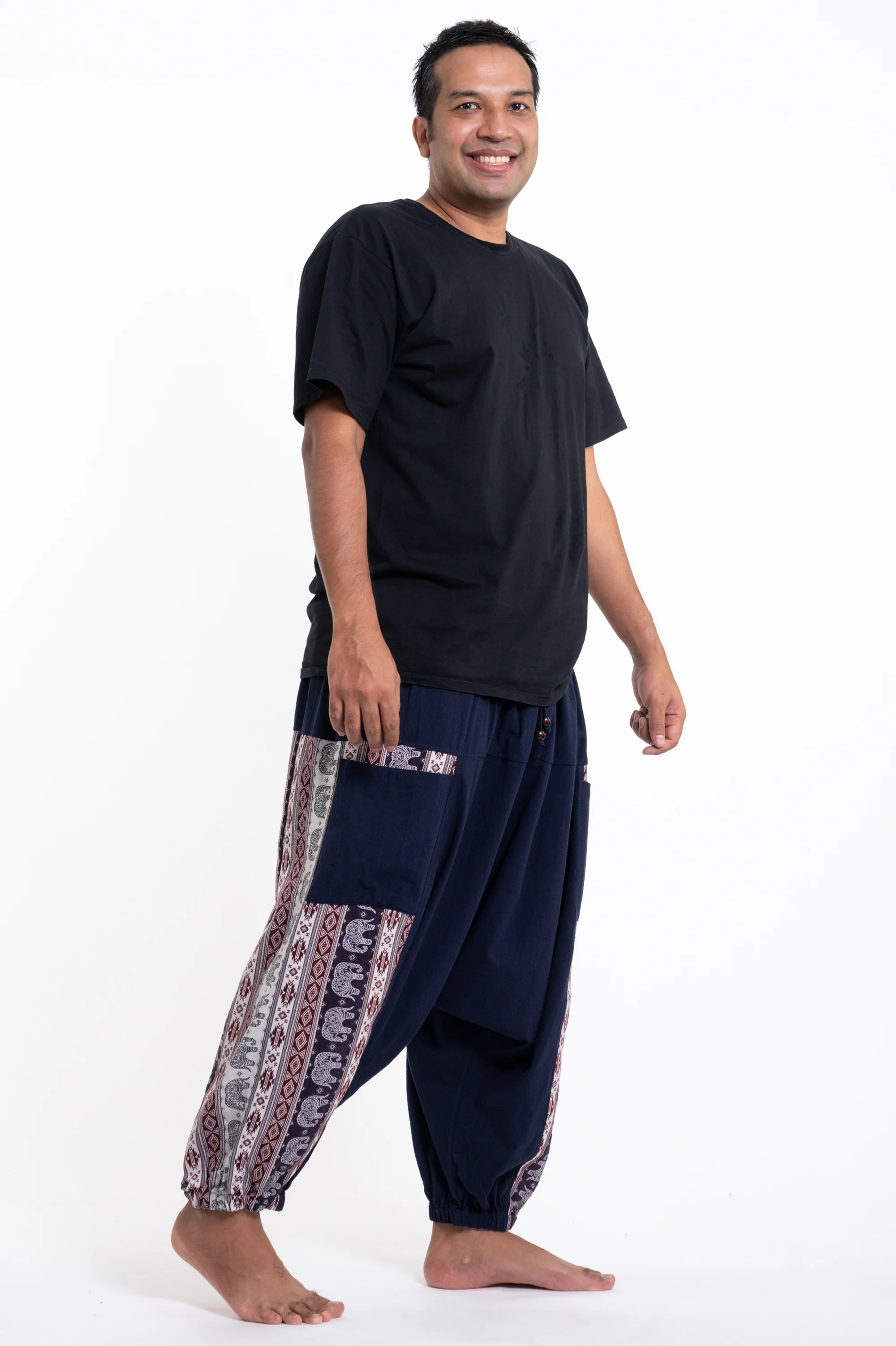Plus Size Elephant Aztec Cotton Men's Harem Pants in Navy - Image 3