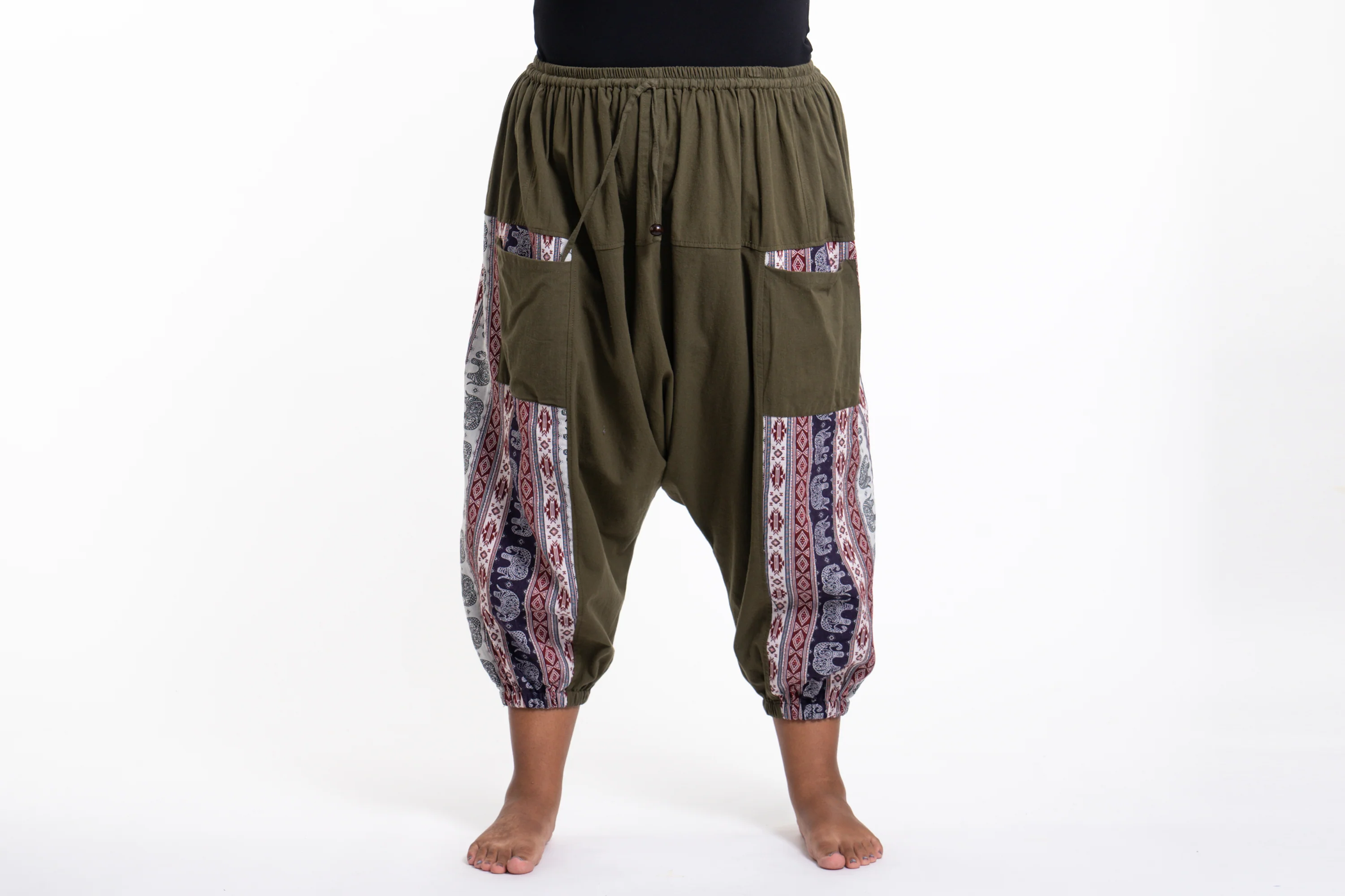 Plus Size Elephant Aztec Cotton Women's Harem Pants in Green - Image 2