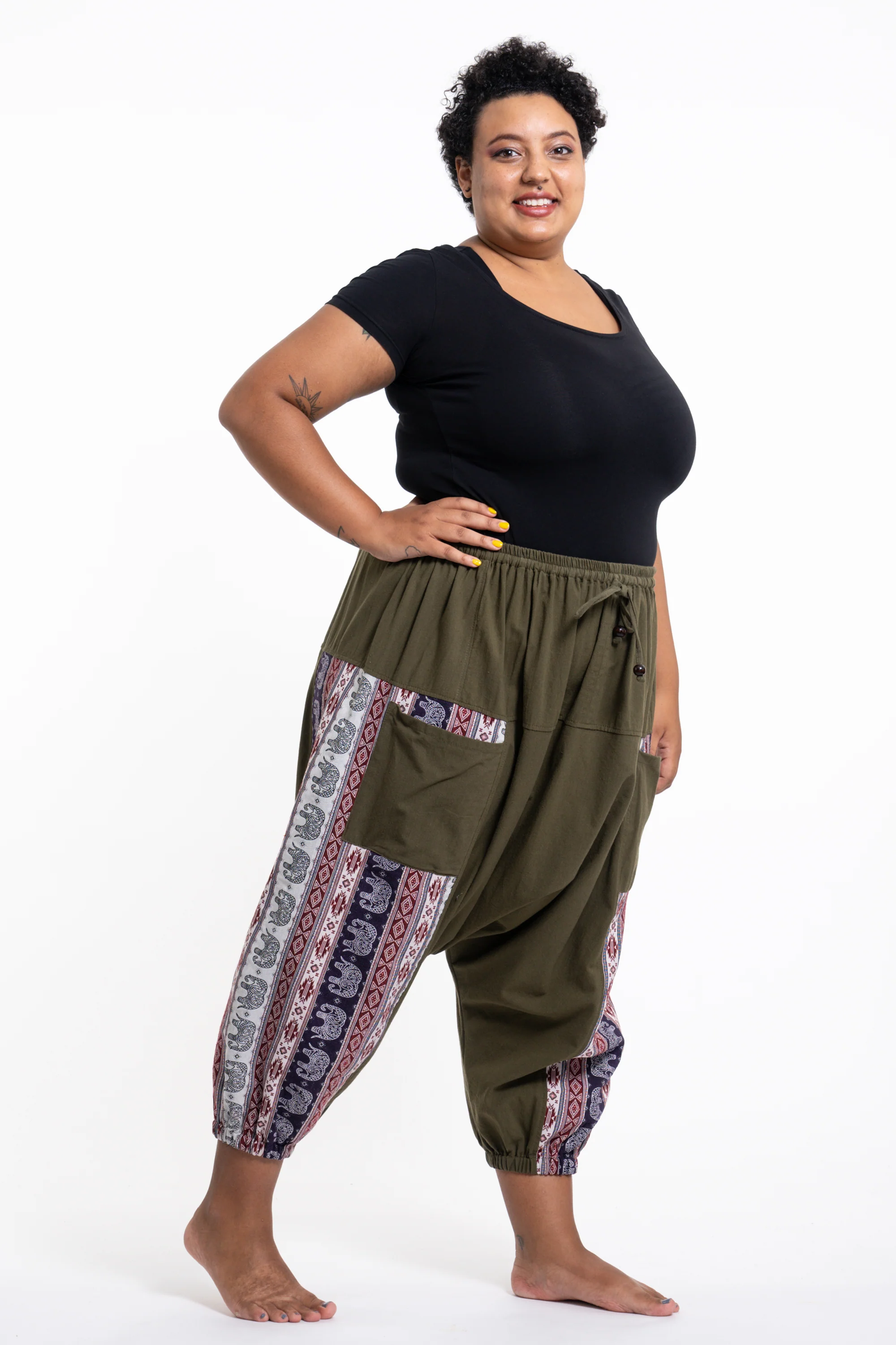 Plus Size Elephant Aztec Cotton Women's Harem Pants in Green - Image 3