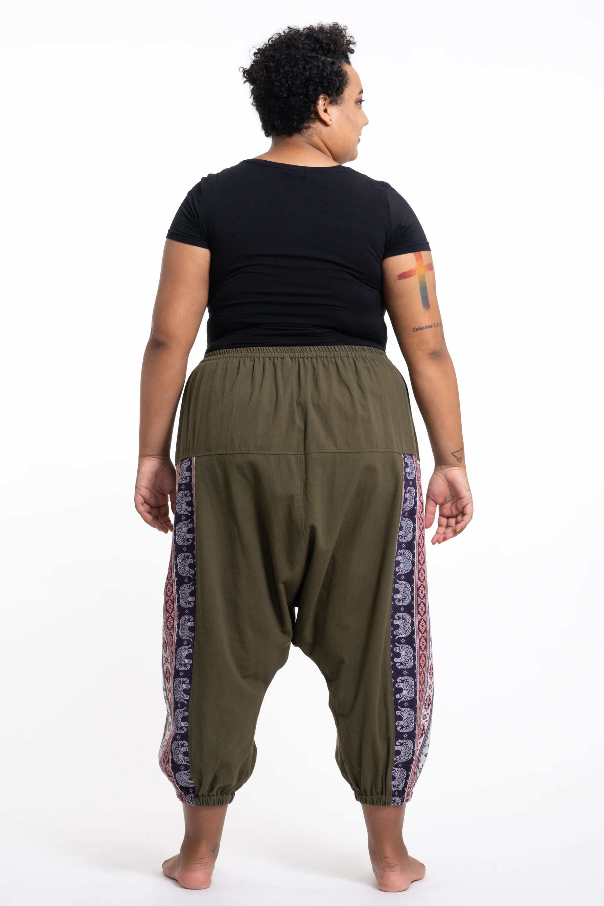 Plus Size Elephant Aztec Cotton Women's Harem Pants in Green - Image 4