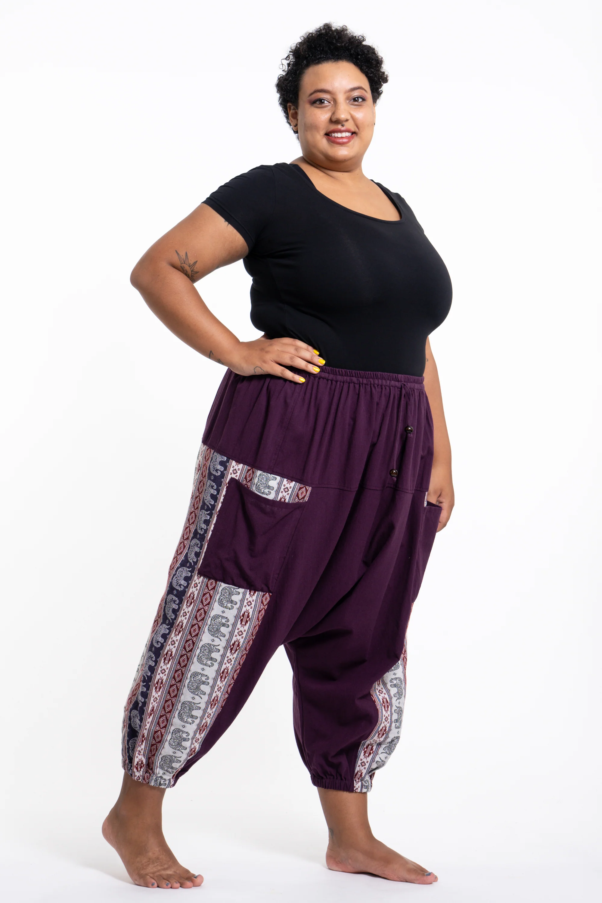 Plus Size Elephant Aztec Cotton Women's Harem Pants in Purple - Image 3
