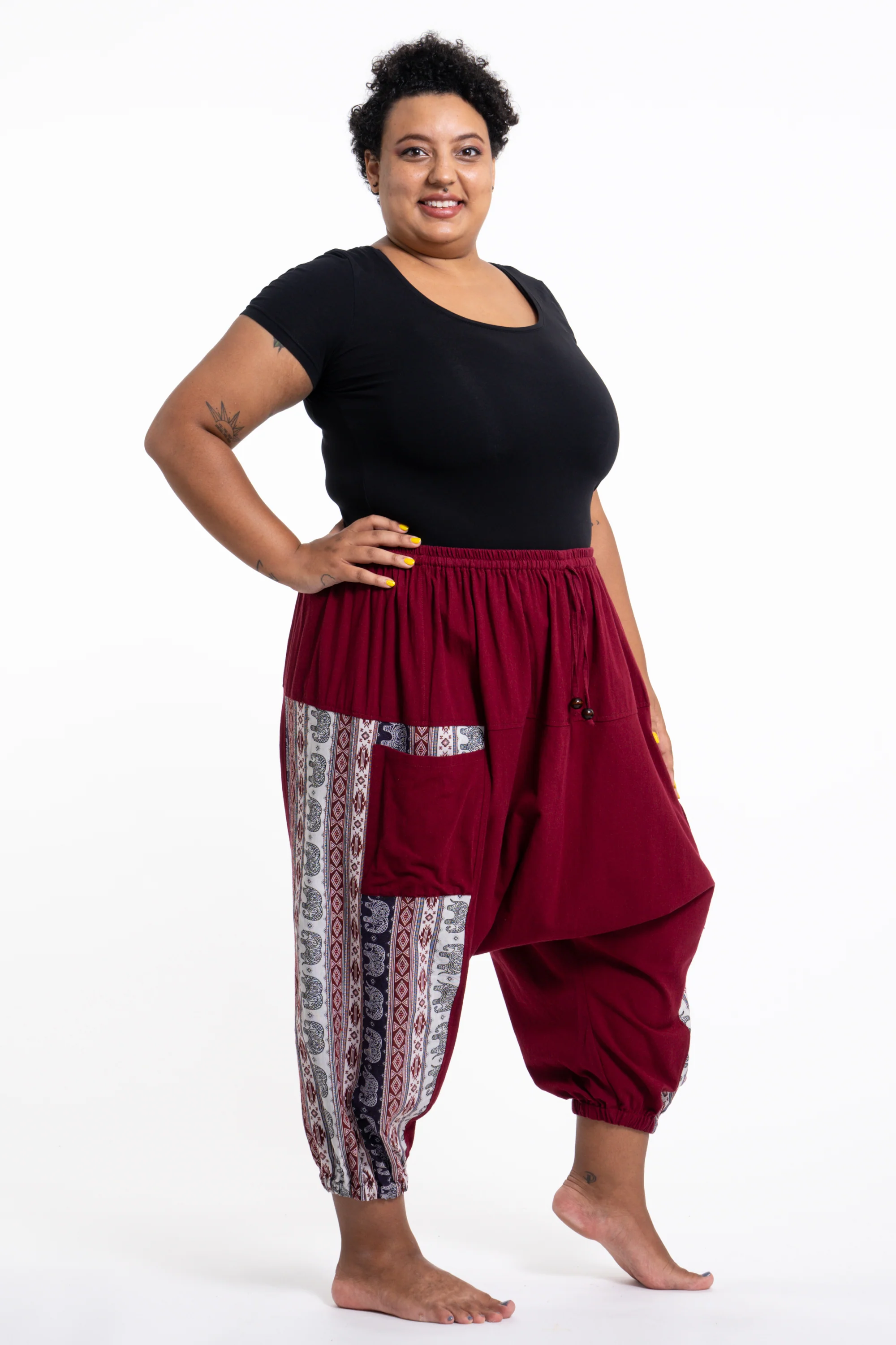 Plus Size Elephant Aztec Cotton Women's Harem Pants in Red - Image 3