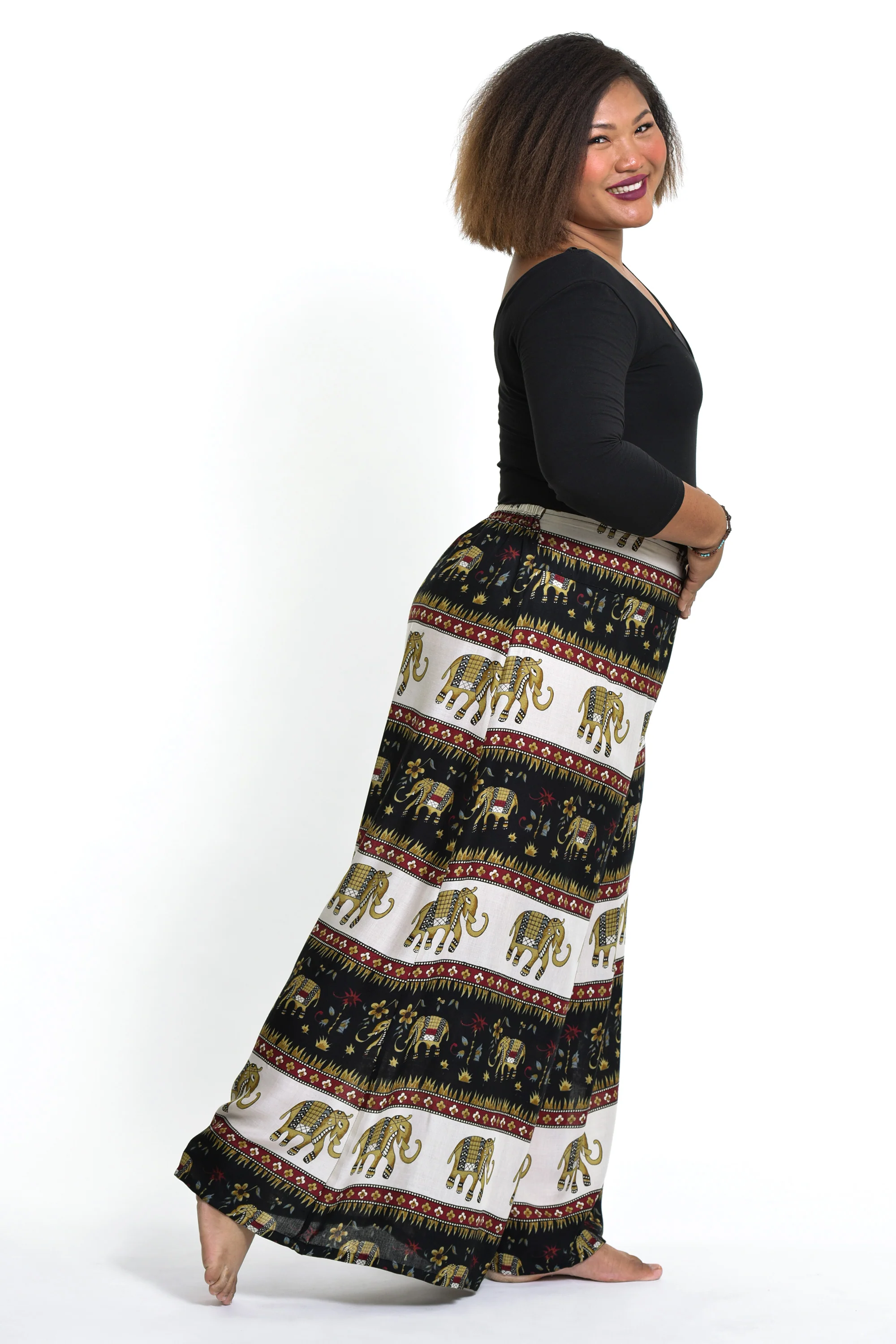 Plus Size Elephant Bliss Palazzo Style Elephant Pants in Black - Image 3
